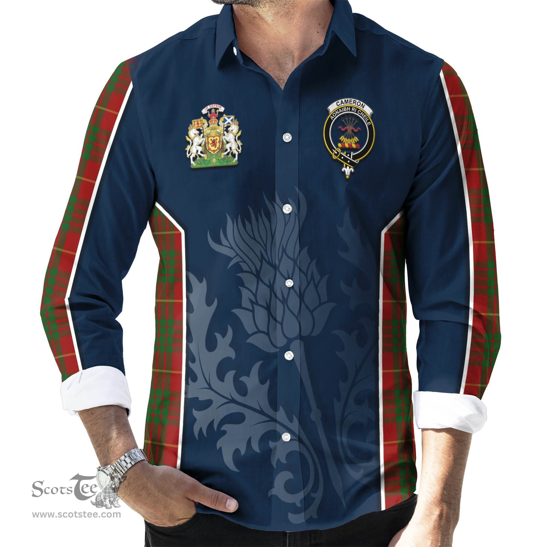 ScotsTee Shop Scottish Cameron Clan Scottish Crest and Scottish Thistle Sport Tartan Long Sleeve Shirt