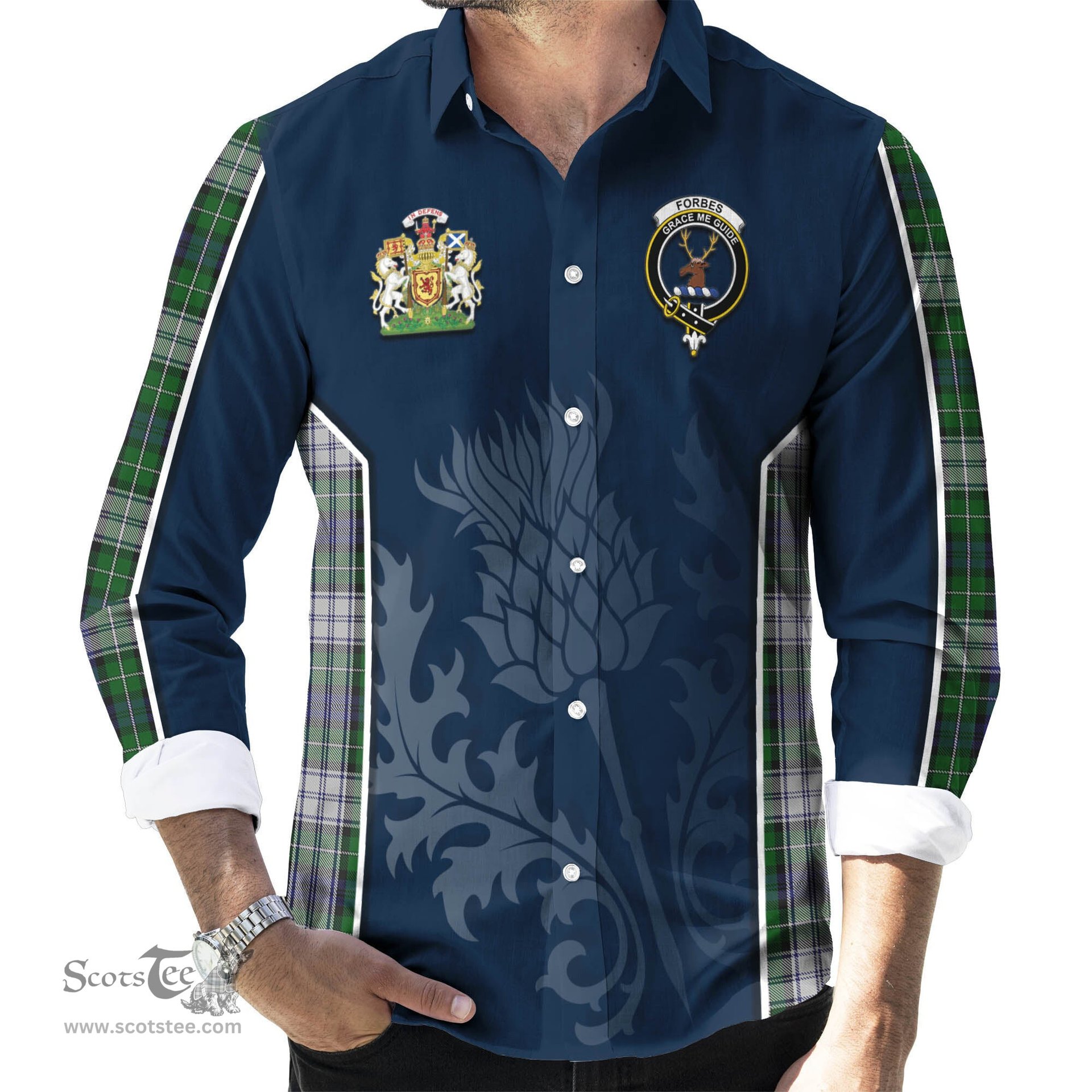 ScotsTee Shop Scottish Forbes Dress Clan Scottish Crest and Scottish Thistle Sport Tartan Long Sleeve Shirt