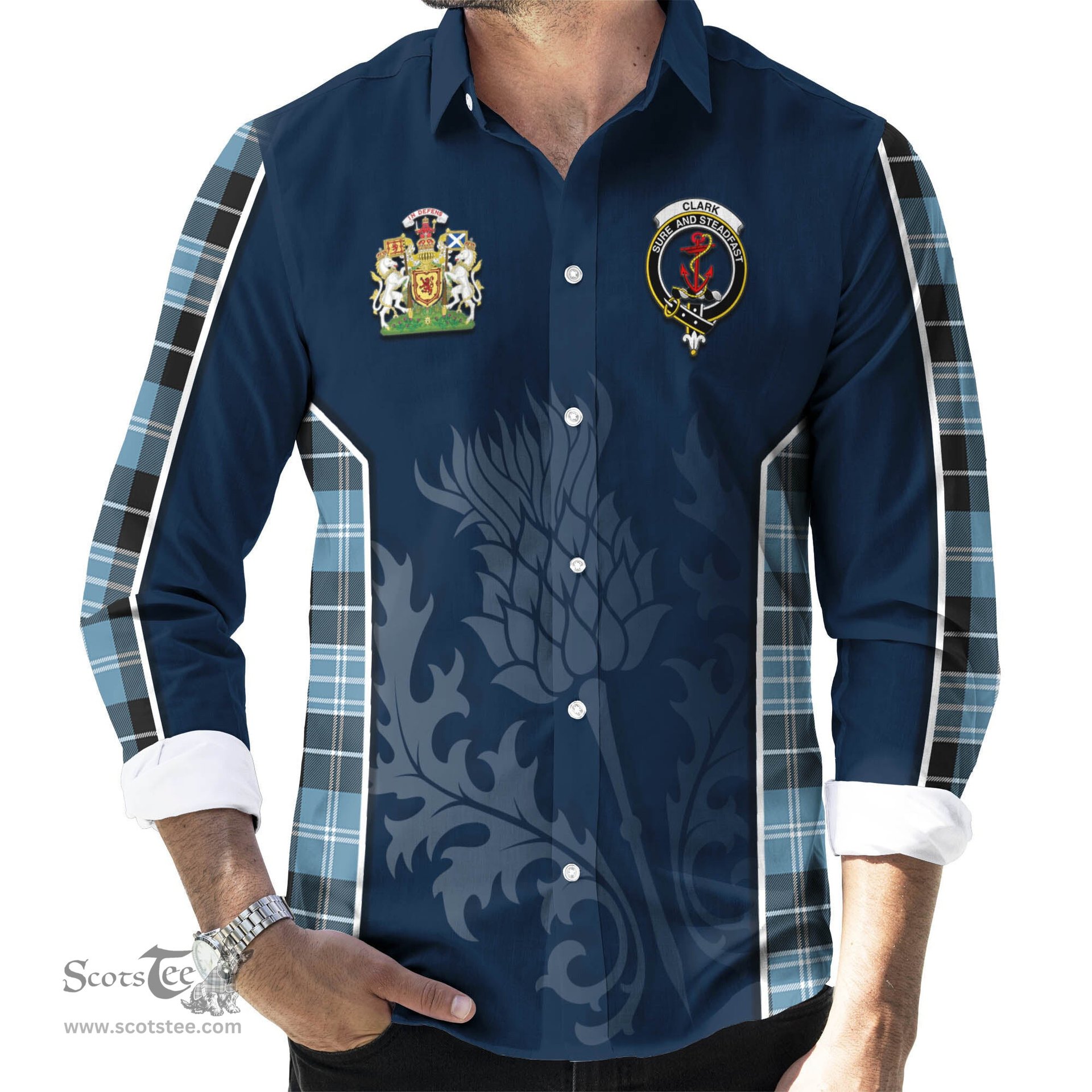 ScotsTee Shop Scottish Clark Ancient Clan Scottish Crest and Scottish Thistle Sport Tartan Long Sleeve Shirt