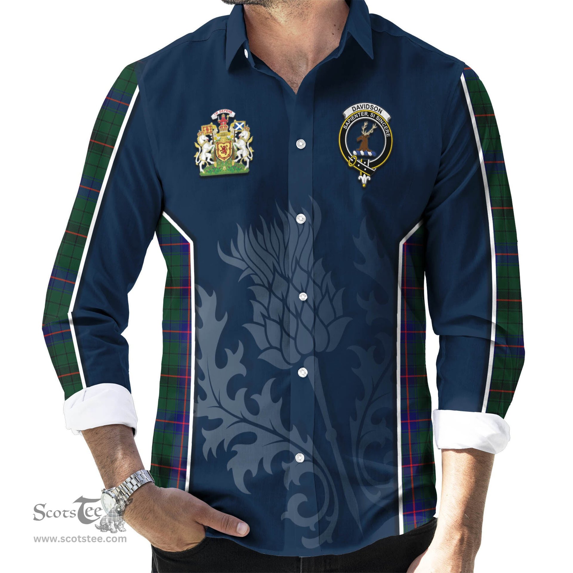 ScotsTee Shop Scottish Davidson Modern Clan Scottish Crest and Scottish Thistle Sport Tartan Long Sleeve Shirt