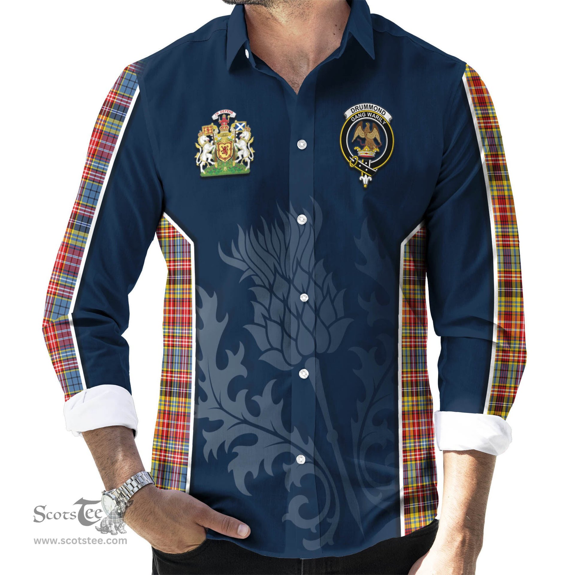 ScotsTee Shop Scottish Drummond of Strathallan Modern Clan Scottish Crest and Scottish Thistle Sport Tartan Long Sleeve Shirt