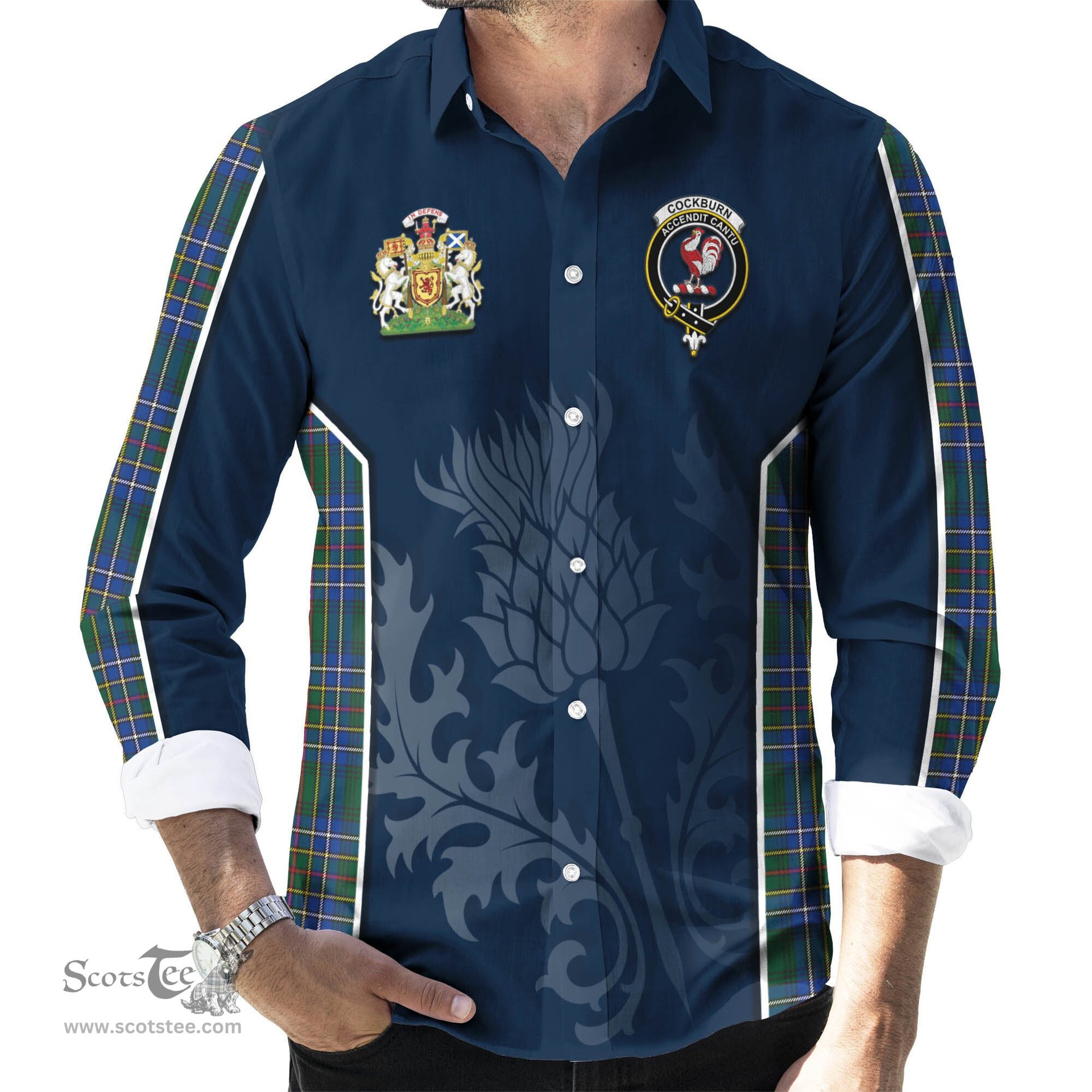 ScotsTee Shop Scottish Cockburn Ancient Clan Scottish Crest and Scottish Thistle Sport Tartan Long Sleeve Shirt