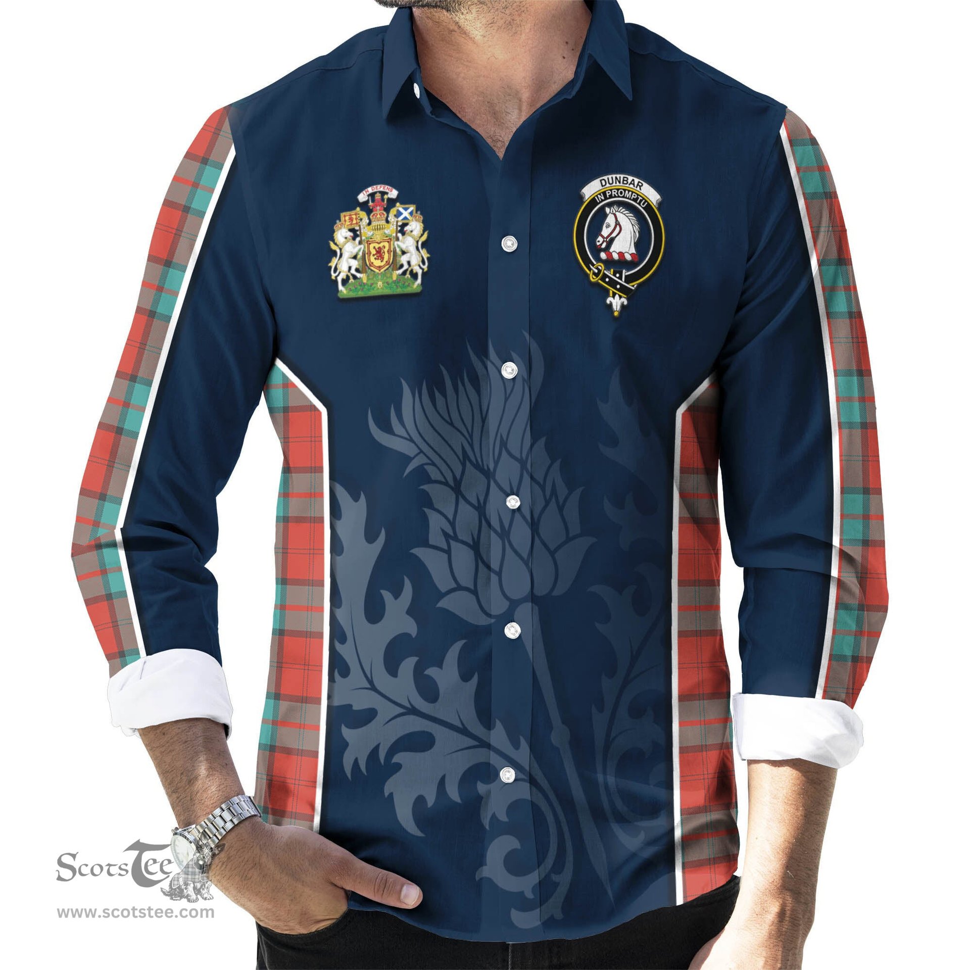 ScotsTee Shop Scottish Dunbar Ancient Clan Scottish Crest and Scottish Thistle Sport Tartan Long Sleeve Shirt
