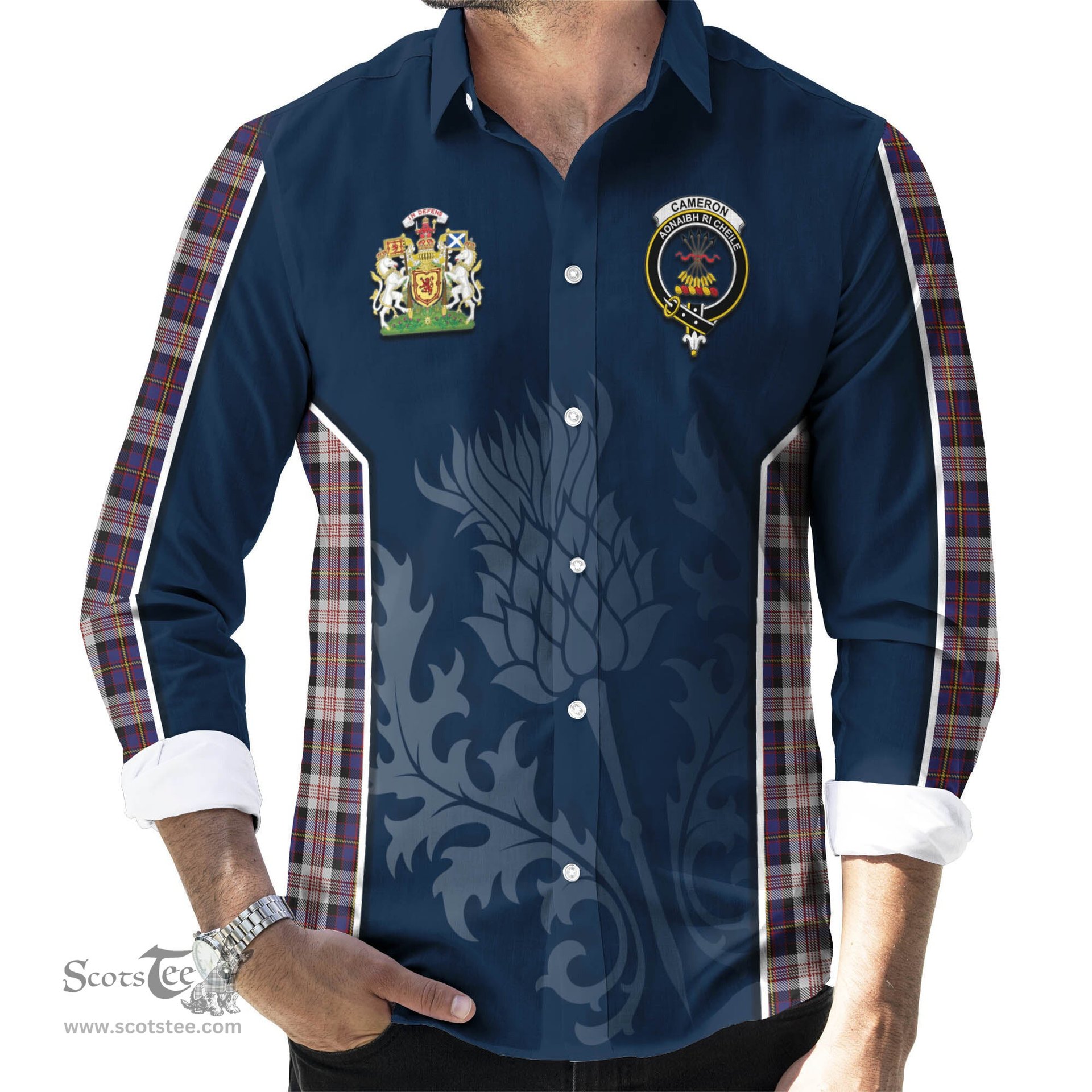 ScotsTee Shop Scottish Cameron of Erracht Dress Clan Scottish Crest and Scottish Thistle Sport Tartan Long Sleeve Shirt