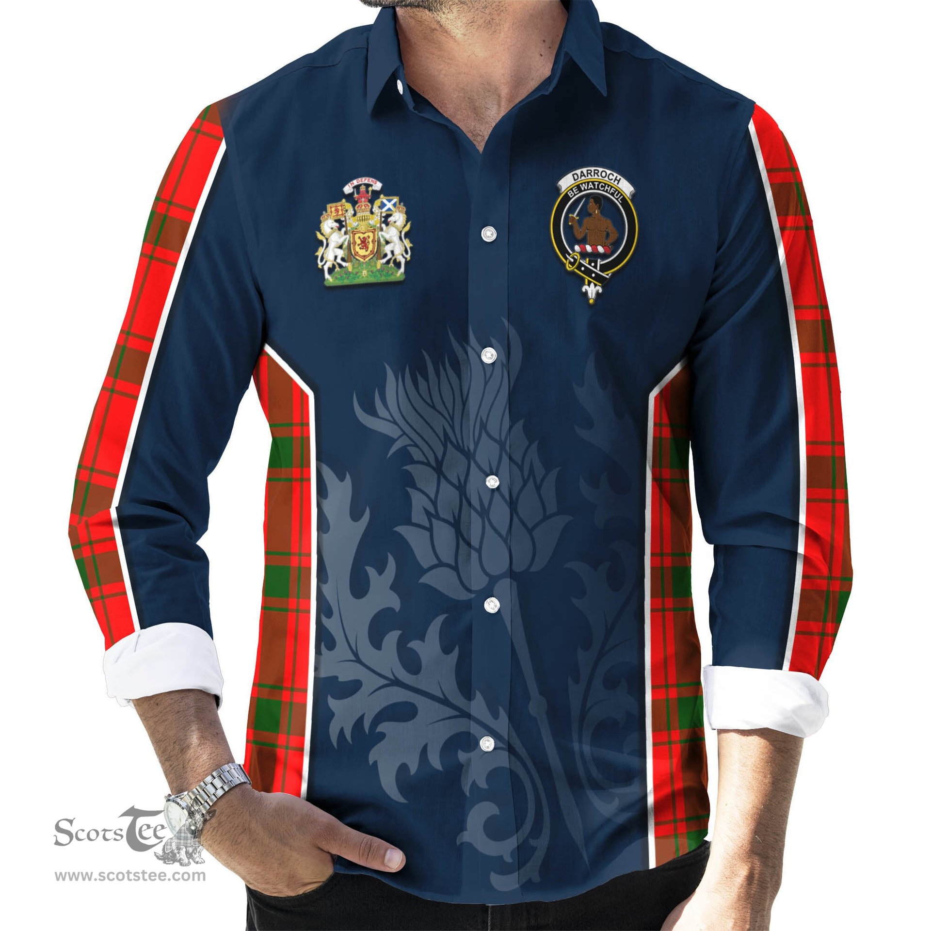ScotsTee Shop Scottish Darroch Clan Scottish Crest and Scottish Thistle Sport Tartan Long Sleeve Shirt