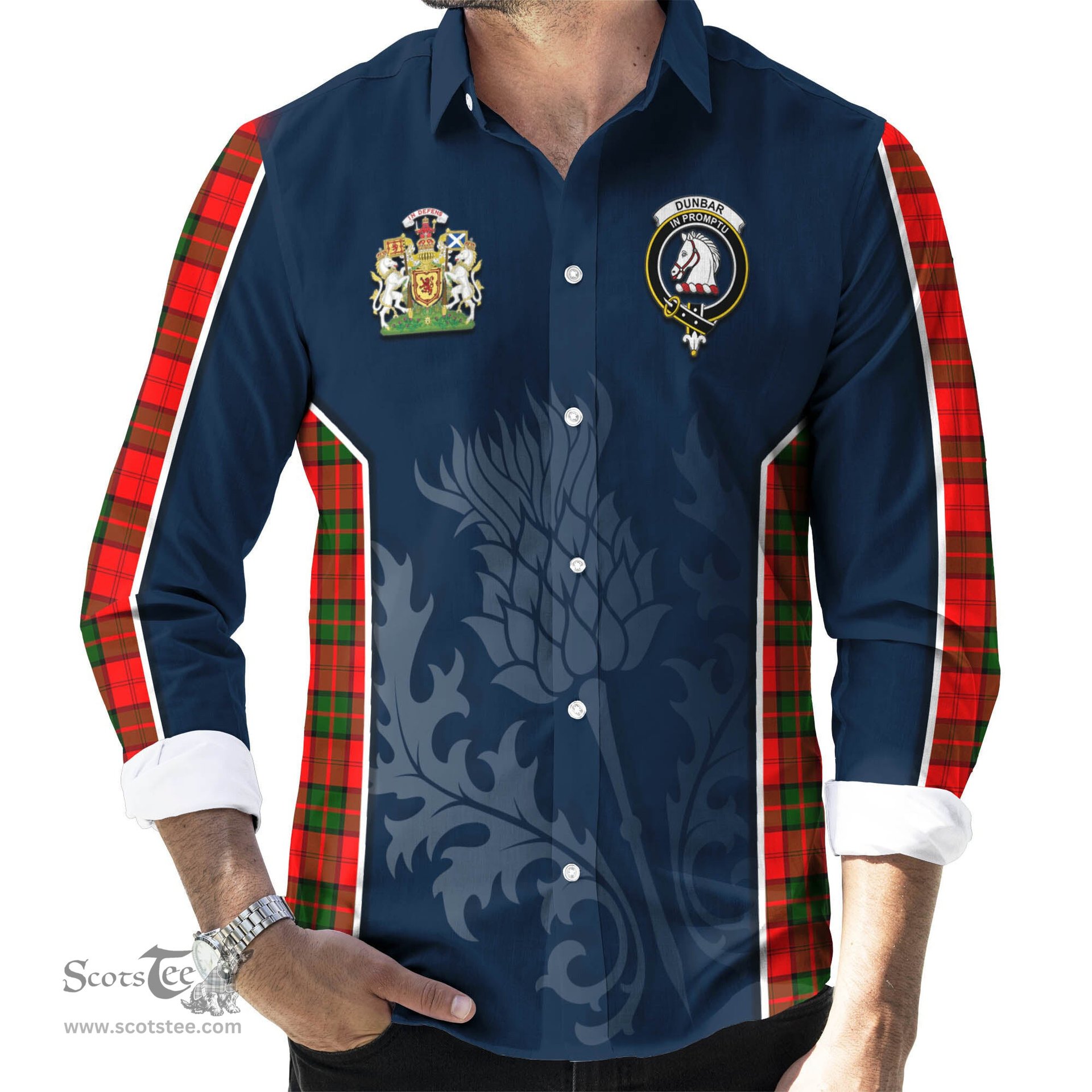 ScotsTee Shop Scottish Dunbar Modern Clan Scottish Crest and Scottish Thistle Sport Tartan Long Sleeve Shirt