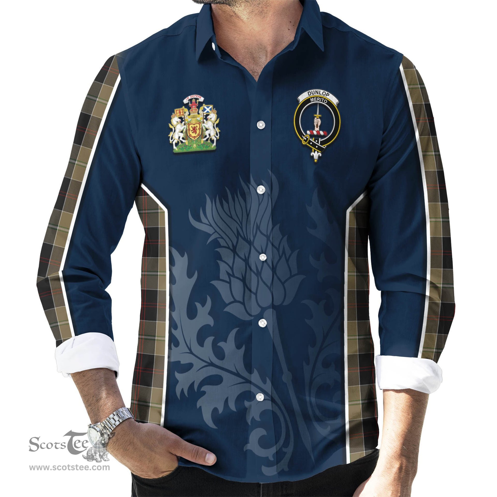 ScotsTee Shop Scottish Dunlop Hunting Clan Scottish Crest and Scottish Thistle Sport Tartan Long Sleeve Shirt