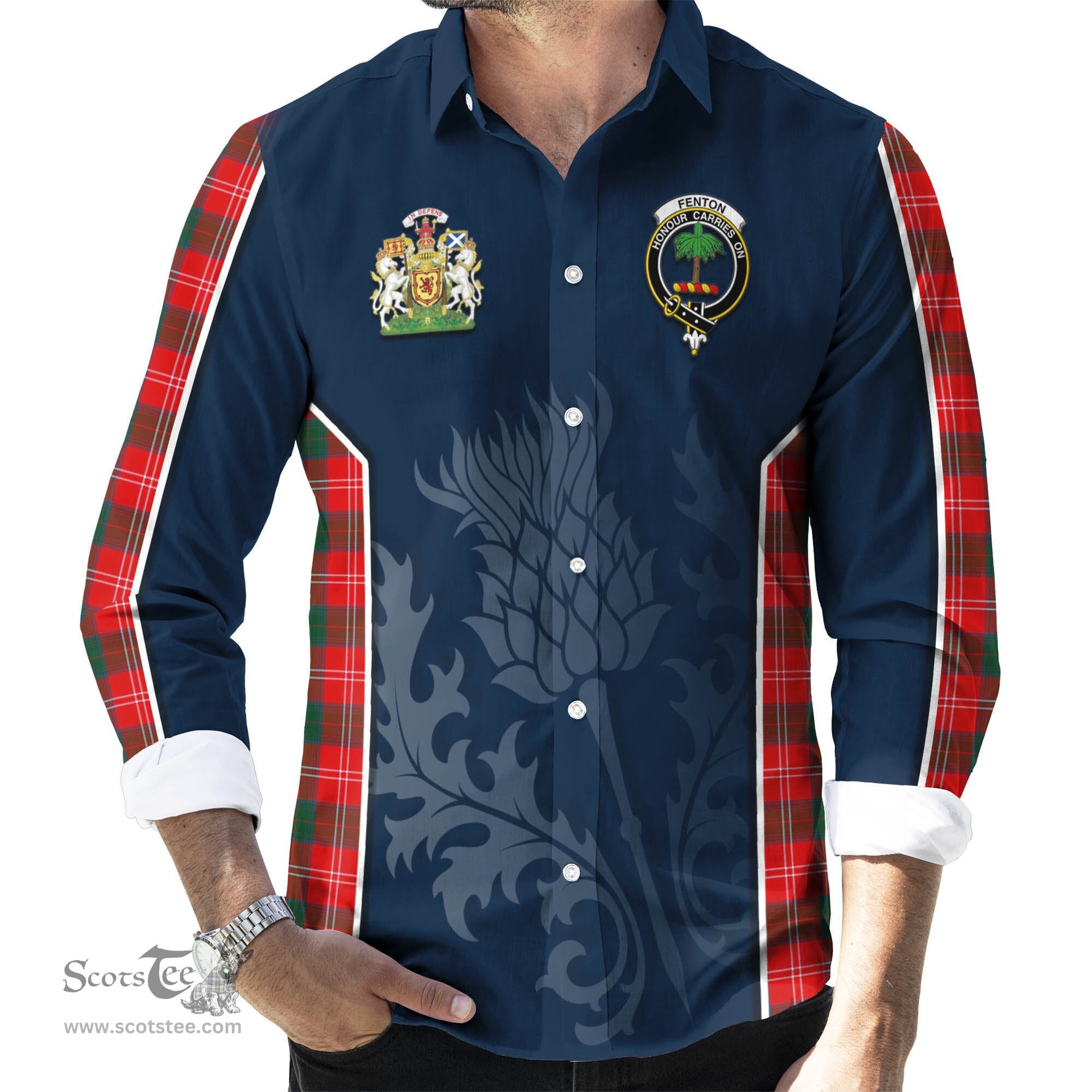 ScotsTee Shop Scottish Fenton Clan Scottish Crest and Scottish Thistle Sport Tartan Long Sleeve Shirt