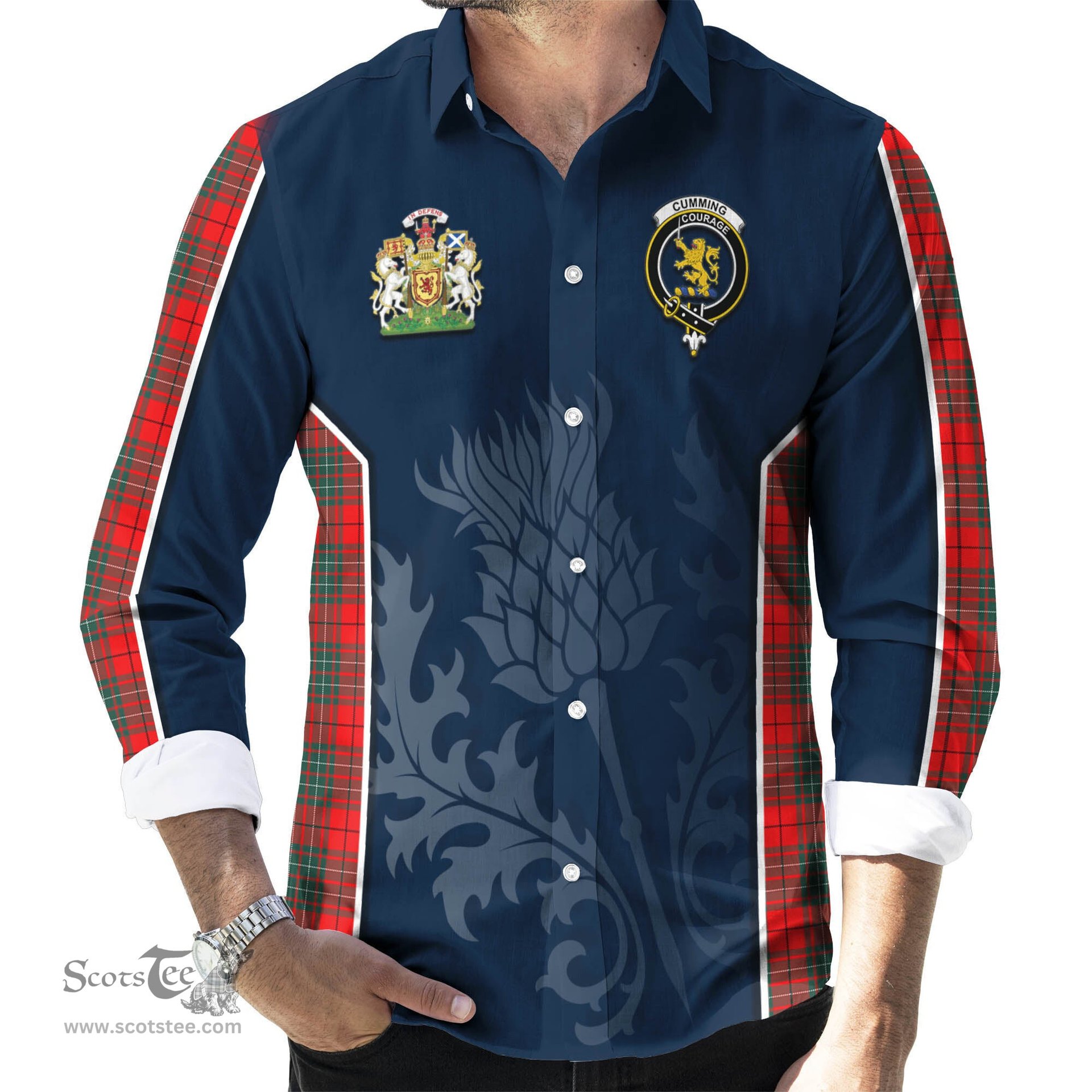 ScotsTee Shop Scottish Cumming Modern Clan Scottish Crest and Scottish Thistle Sport Tartan Long Sleeve Shirt
