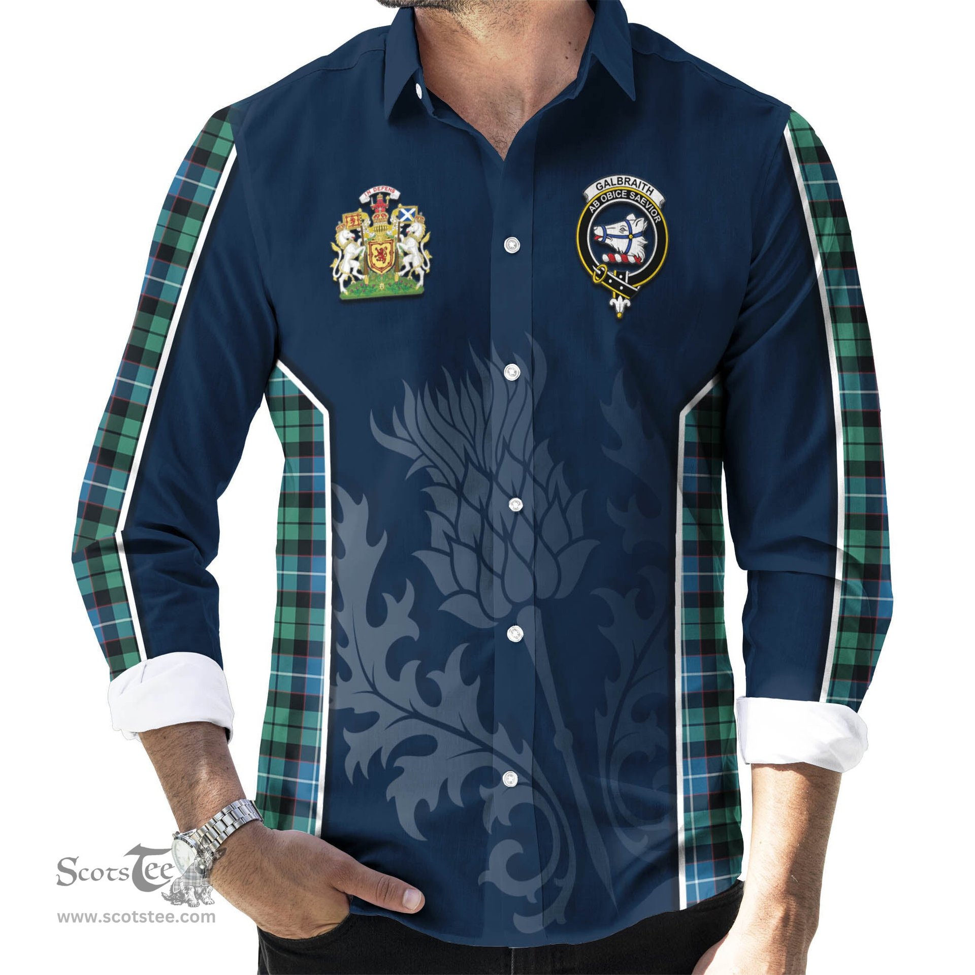 ScotsTee Shop Scottish Galbraith Ancient Clan Scottish Crest and Scottish Thistle Sport Tartan Long Sleeve Shirt