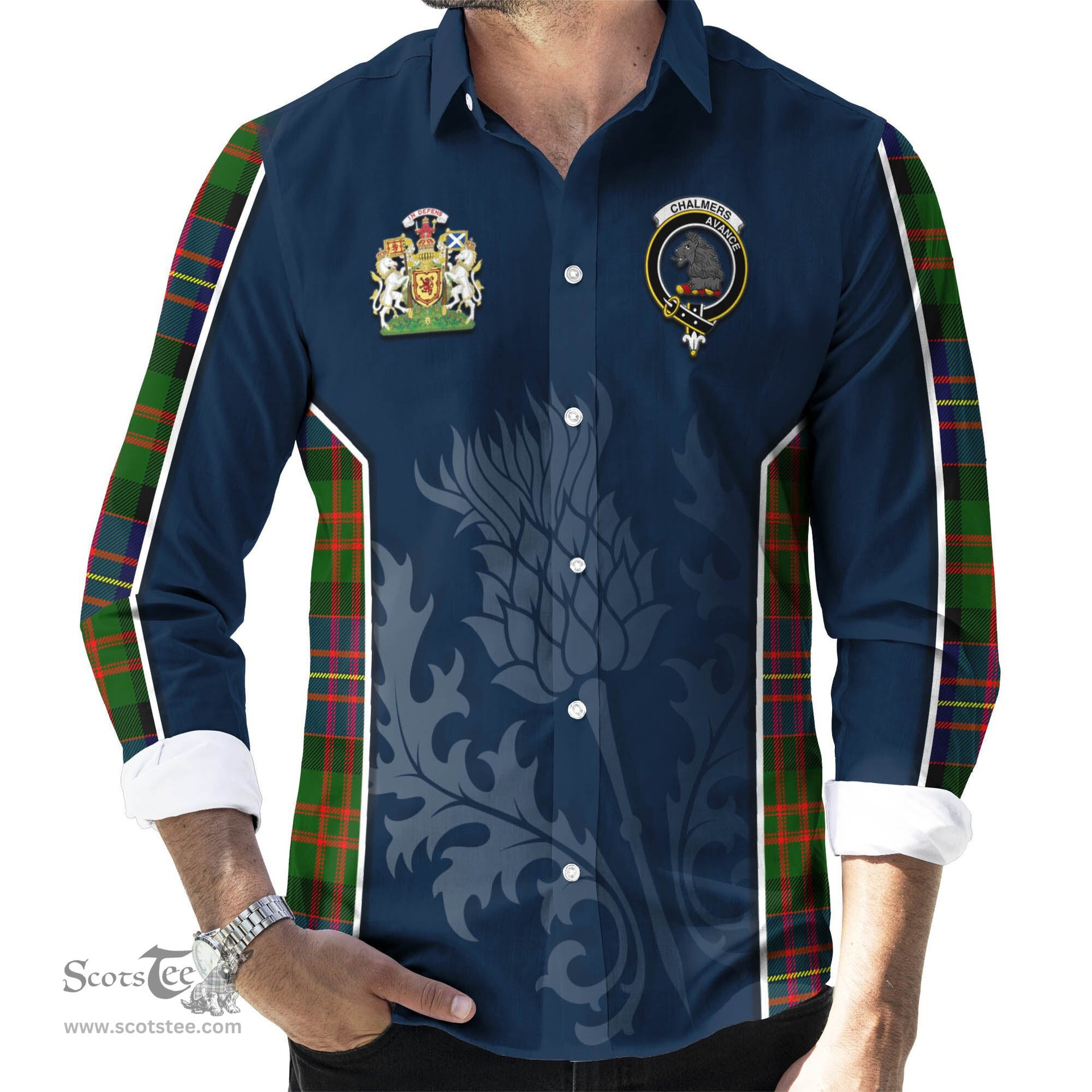 ScotsTee Shop Scottish Chalmers Modern Clan Scottish Crest and Scottish Thistle Sport Tartan Long Sleeve Shirt