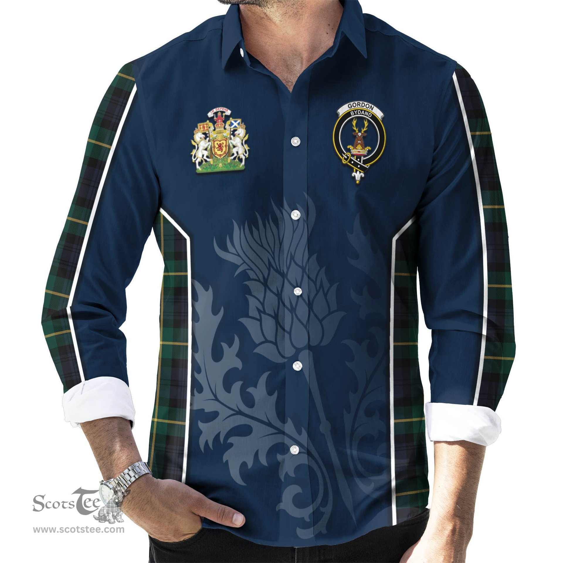 ScotsTee Shop Scottish Gordon Old Clan Scottish Crest and Scottish Thistle Sport Tartan Long Sleeve Shirt