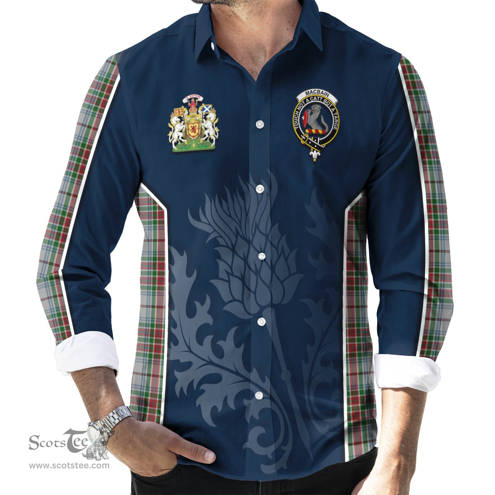 ScotsTee Shop Scottish MacBain Dress Clan Scottish Crest and Scottish Thistle Sport Tartan Long Sleeve Shirt