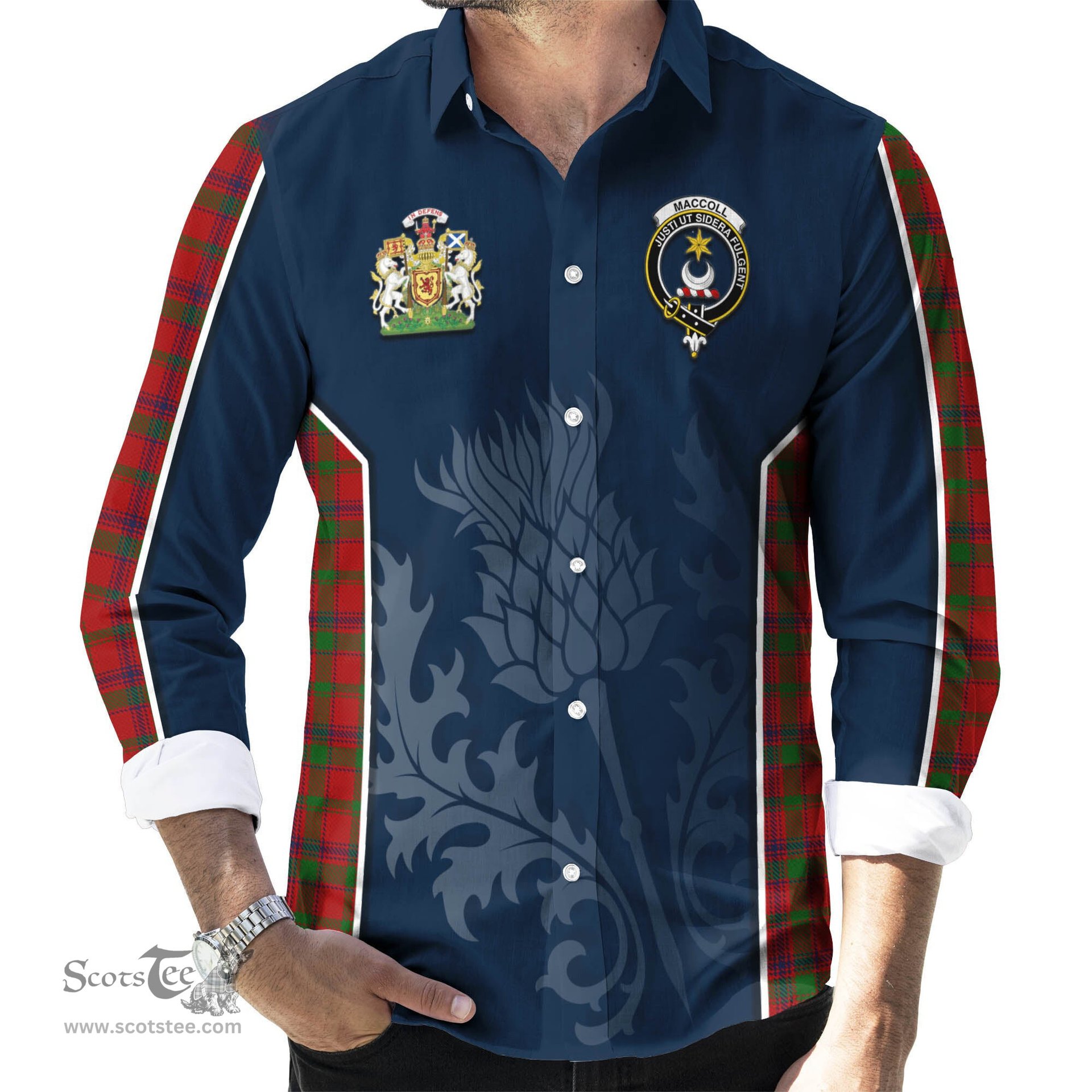 ScotsTee Shop Scottish MacColl Clan Scottish Crest and Scottish Thistle Sport Tartan Long Sleeve Shirt