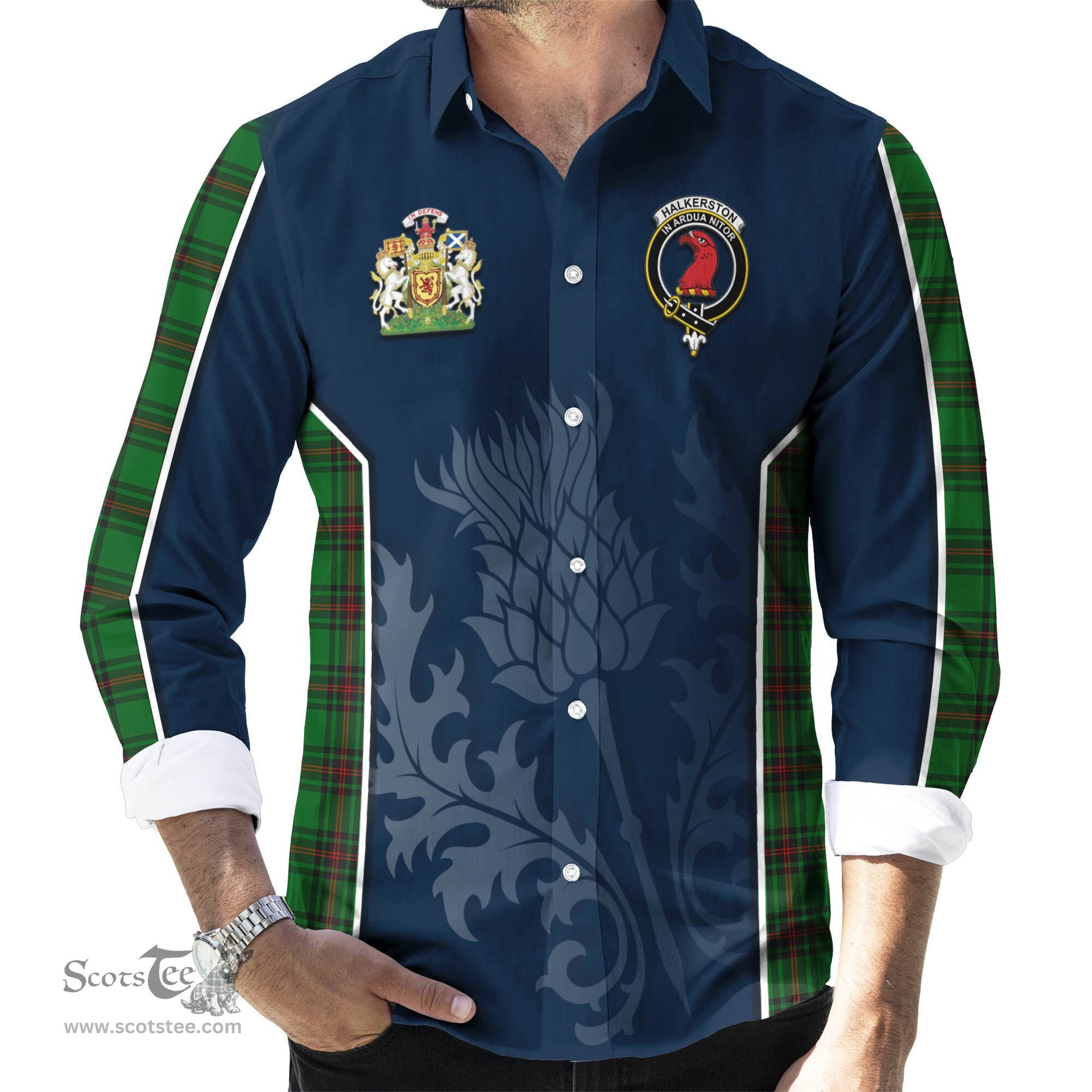 ScotsTee Shop Scottish Halkerston Clan Scottish Crest and Scottish Thistle Sport Tartan Long Sleeve Shirt