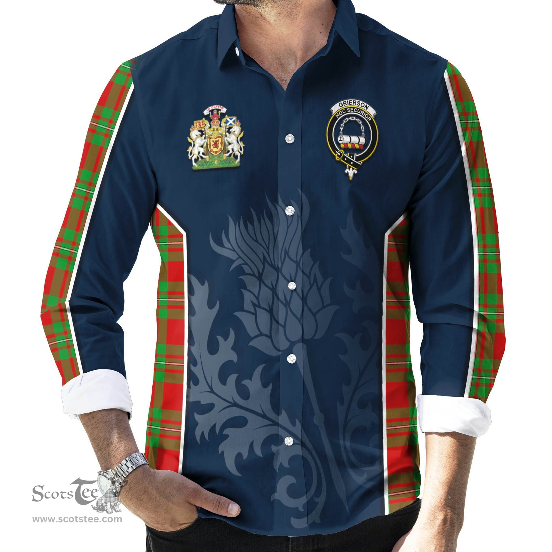 ScotsTee Shop Scottish Grierson Clan Scottish Crest and Scottish Thistle Sport Tartan Long Sleeve Shirt