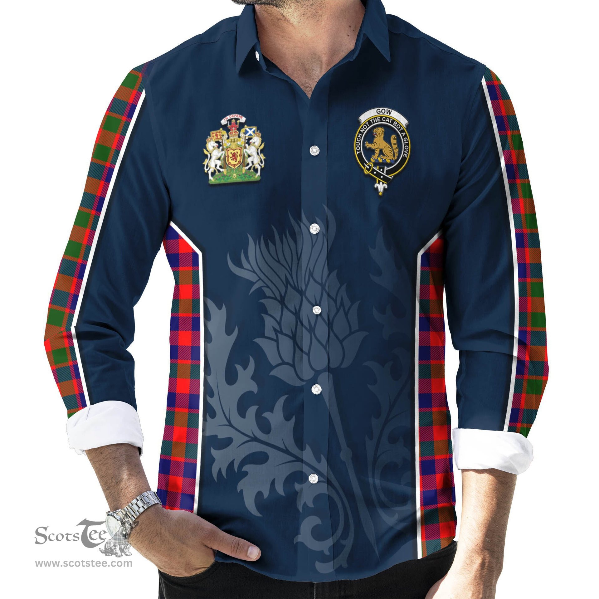 ScotsTee Shop Scottish Gow Modern Clan Scottish Crest and Scottish Thistle Sport Tartan Long Sleeve Shirt