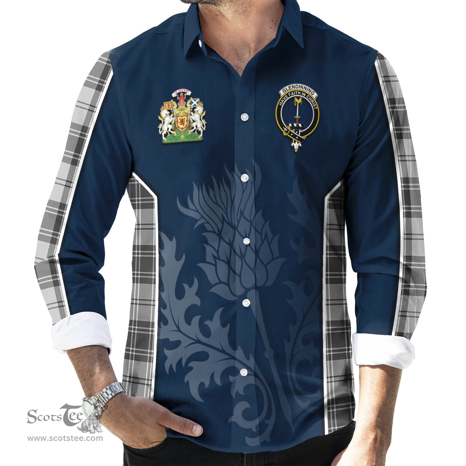 ScotsTee Shop Scottish Glendinning Clan Scottish Crest and Scottish Thistle Sport Tartan Long Sleeve Shirt