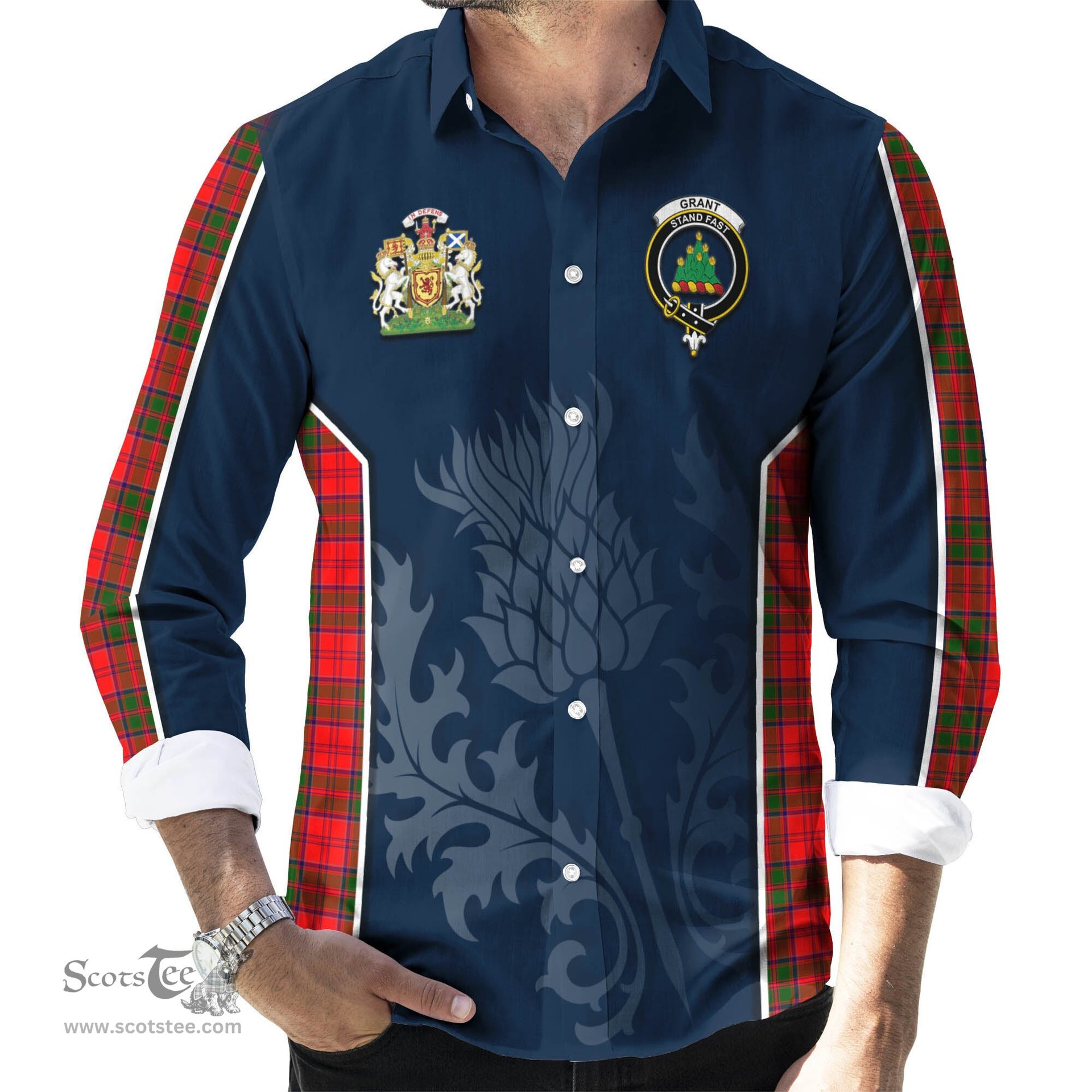 ScotsTee Shop Scottish Grant Modern Clan Scottish Crest and Scottish Thistle Sport Tartan Long Sleeve Shirt