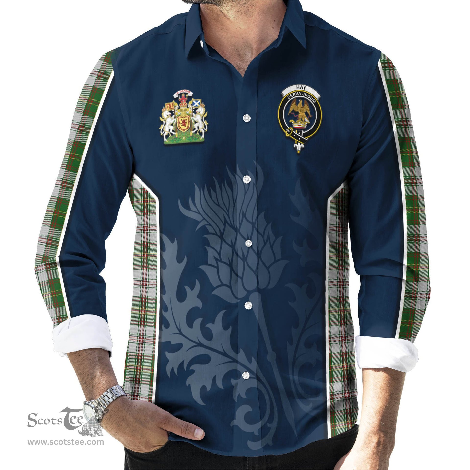 ScotsTee Shop Scottish Hay White Dress Clan Scottish Crest and Scottish Thistle Sport Tartan Long Sleeve Shirt
