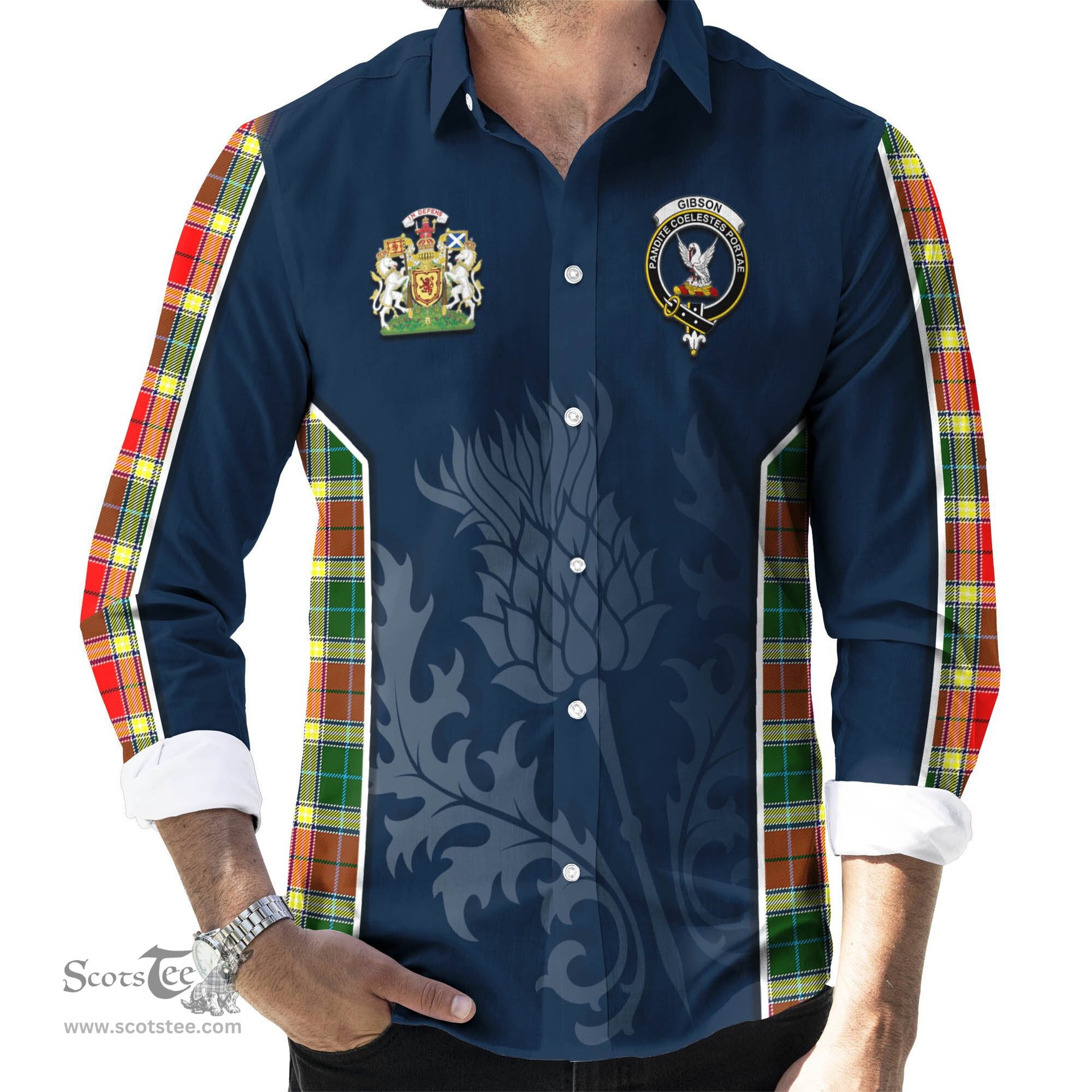 ScotsTee Shop Scottish Gibsone (Gibson-Gibbs) Clan Scottish Crest and Scottish Thistle Sport Tartan Long Sleeve Shirt