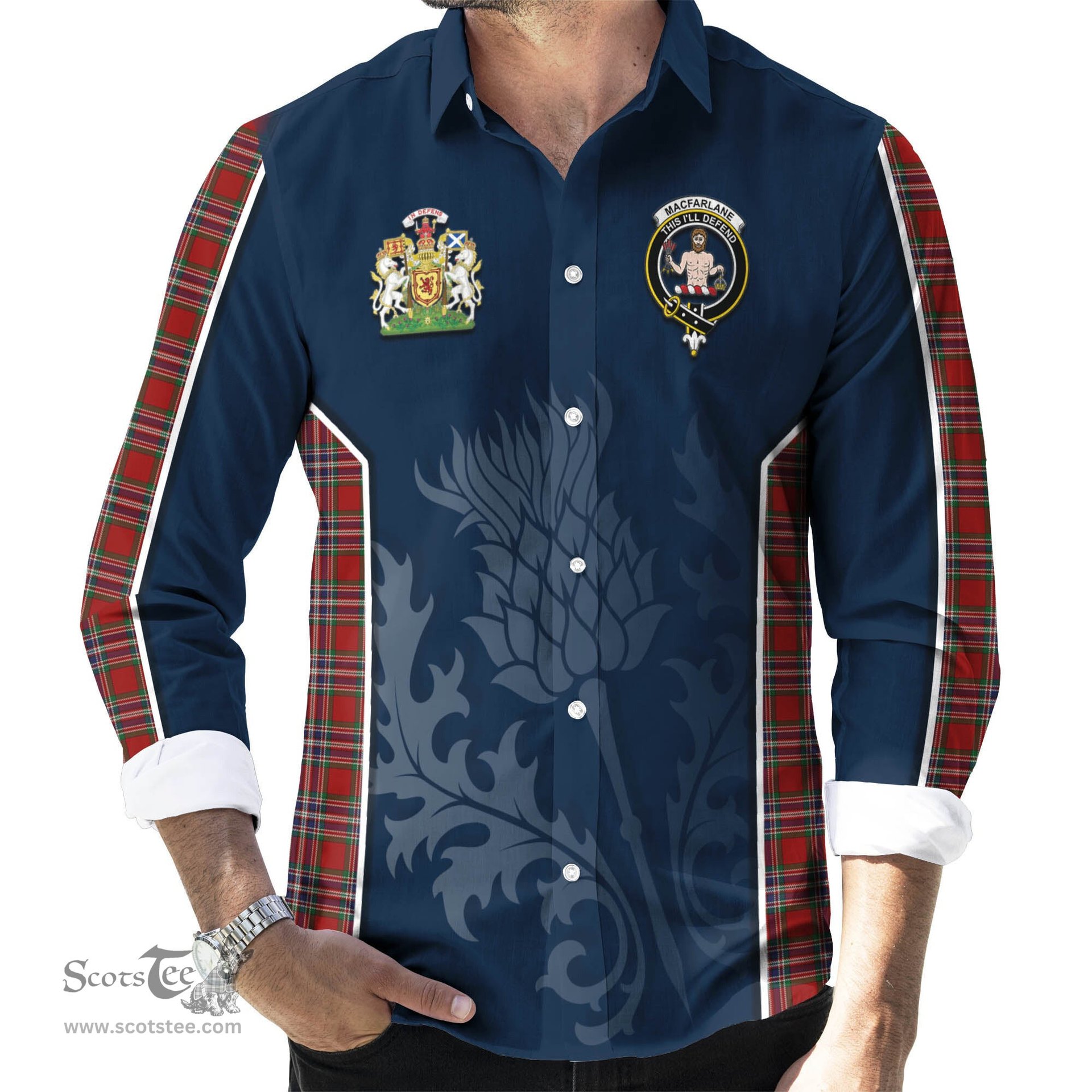 ScotsTee Shop Scottish MacFarlane Red Clan Scottish Crest and Scottish Thistle Sport Tartan Long Sleeve Shirt