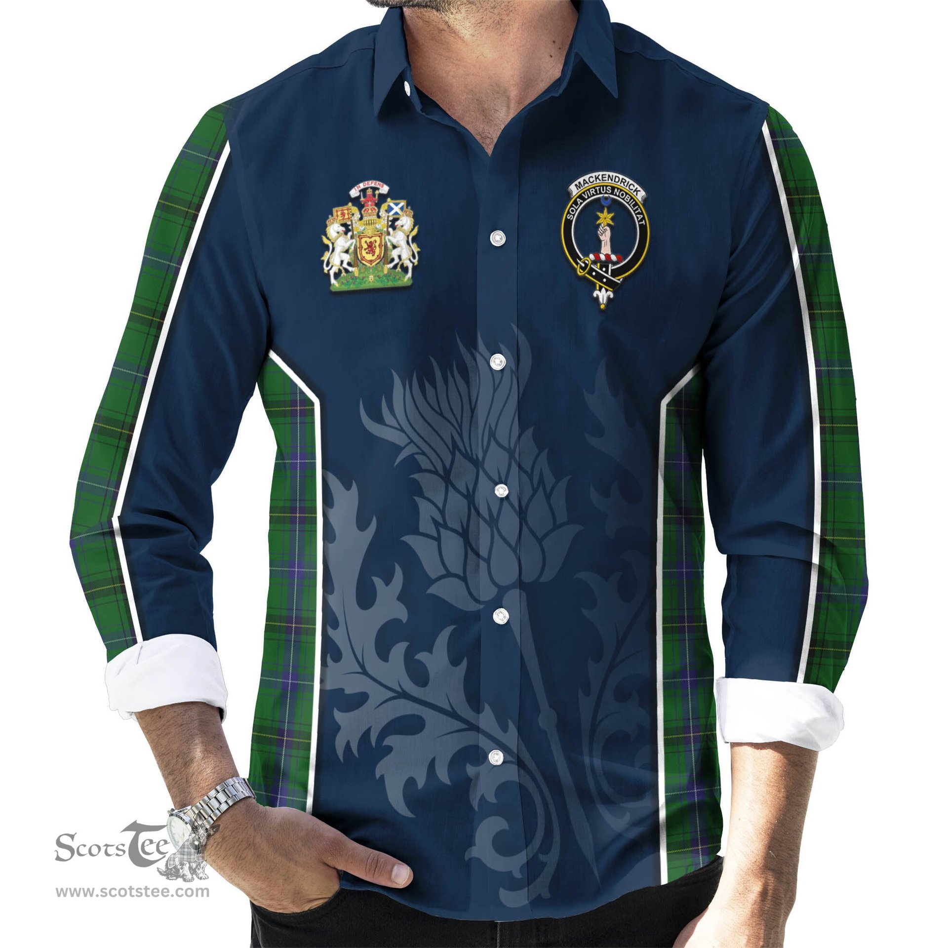 ScotsTee Shop Scottish MacKendrick Clan Scottish Crest and Scottish Thistle Sport Tartan Long Sleeve Shirt