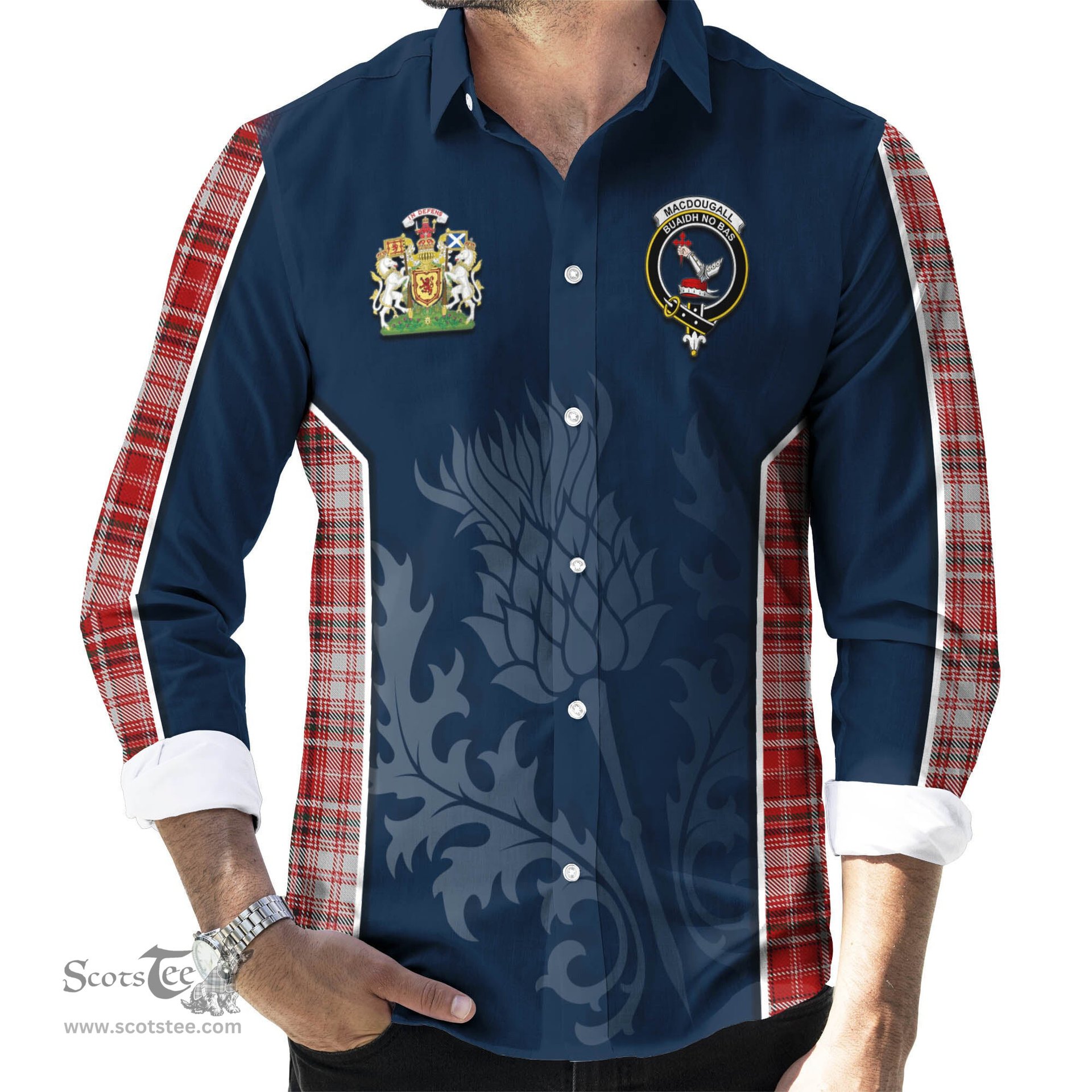 ScotsTee Shop Scottish MacDougall Dress Clan Scottish Crest and Scottish Thistle Sport Tartan Long Sleeve Shirt