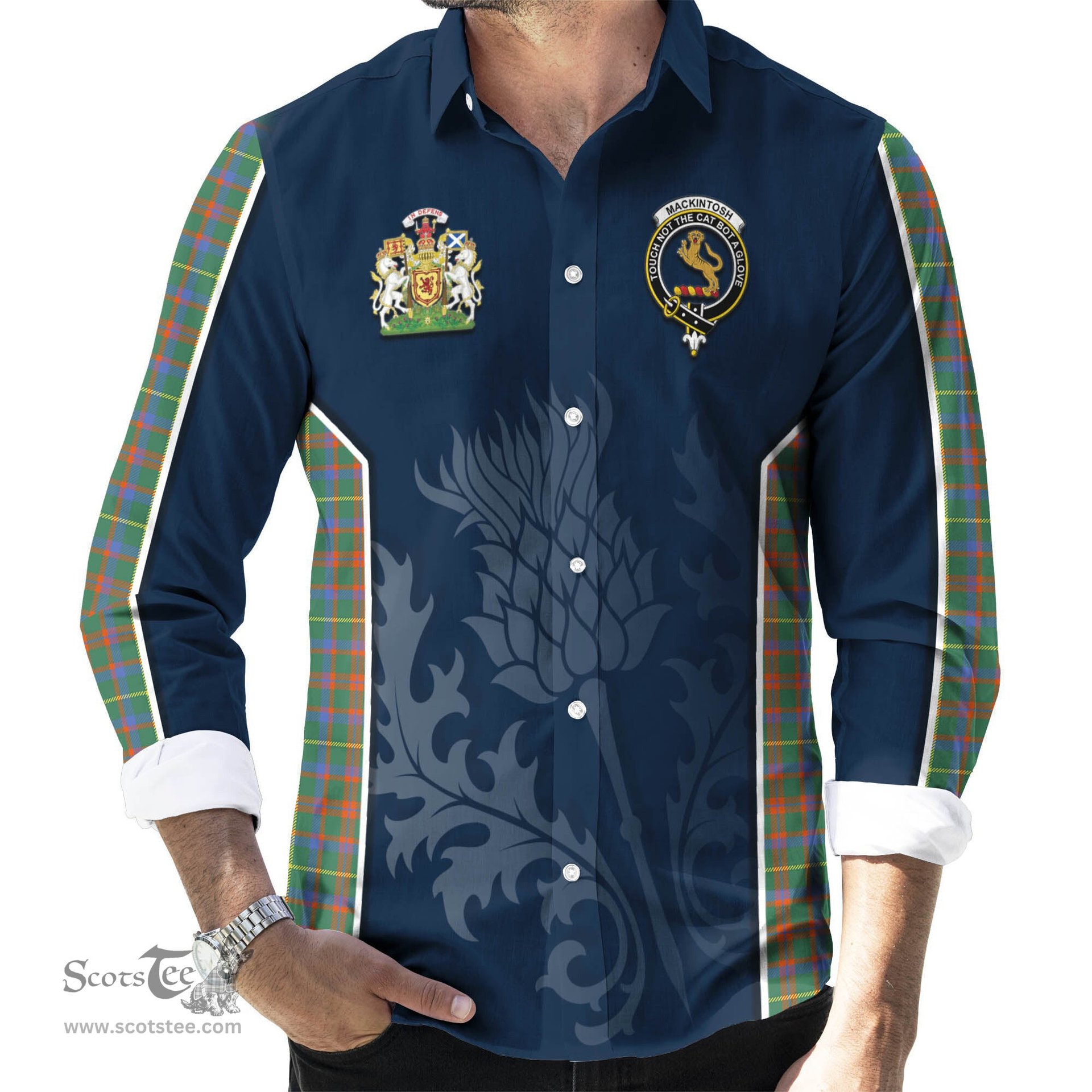 ScotsTee Shop Scottish MacKintosh Hunting Ancient Clan Scottish Crest and Scottish Thistle Sport Tartan Long Sleeve Shirt