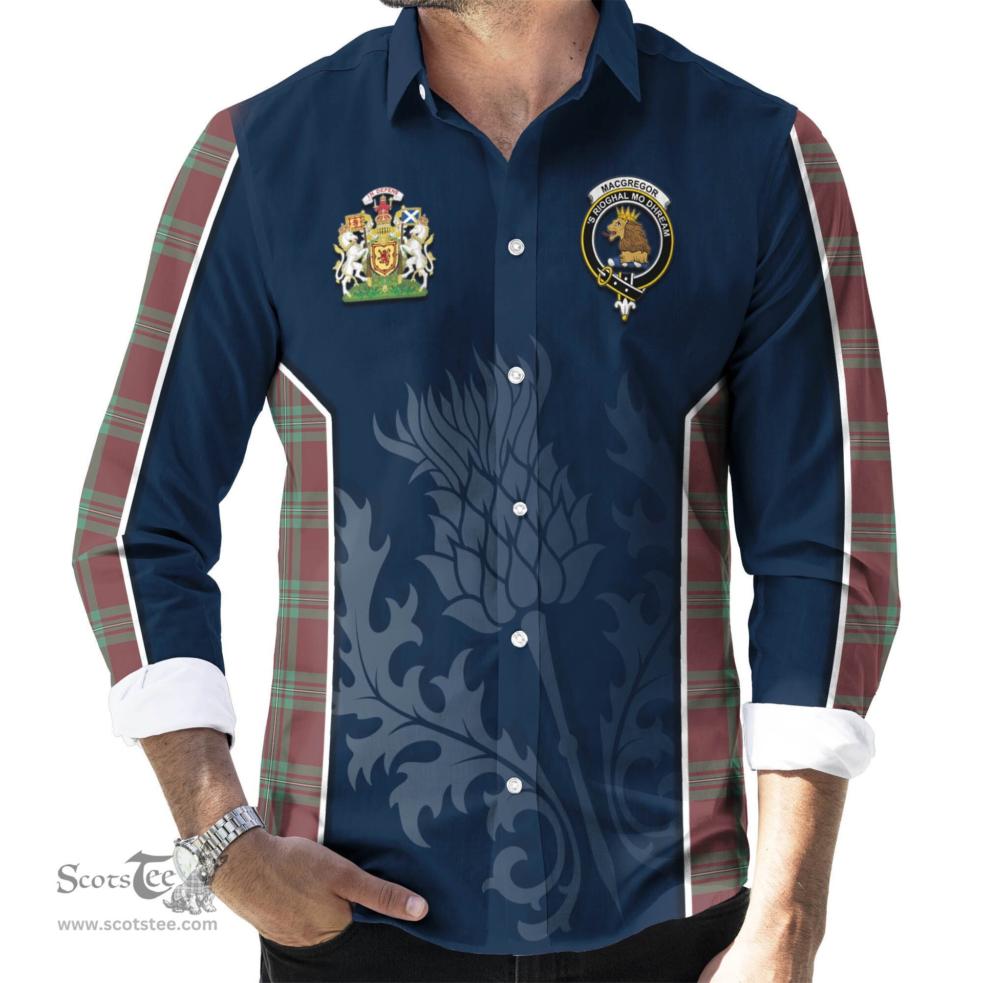 ScotsTee Shop Scottish MacGregor Hunting Ancient Clan Scottish Crest and Scottish Thistle Sport Tartan Long Sleeve Shirt