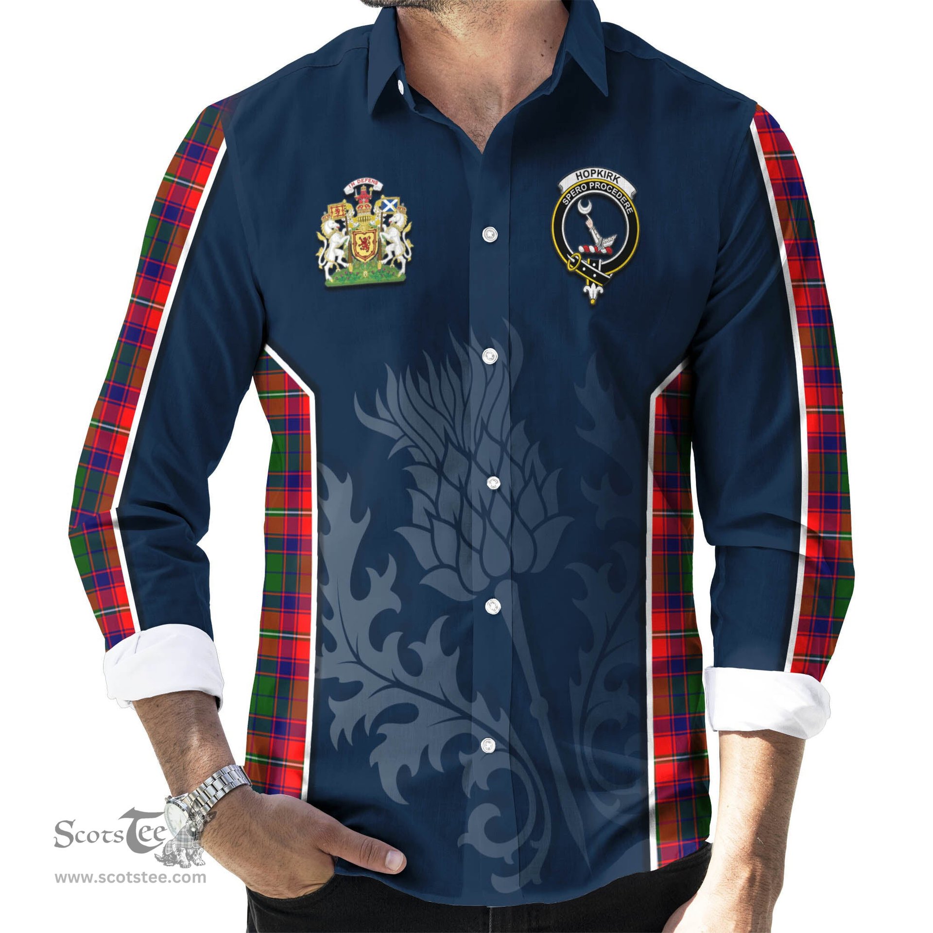 ScotsTee Shop Scottish Hopkirk Clan Scottish Crest and Scottish Thistle Sport Tartan Long Sleeve Shirt