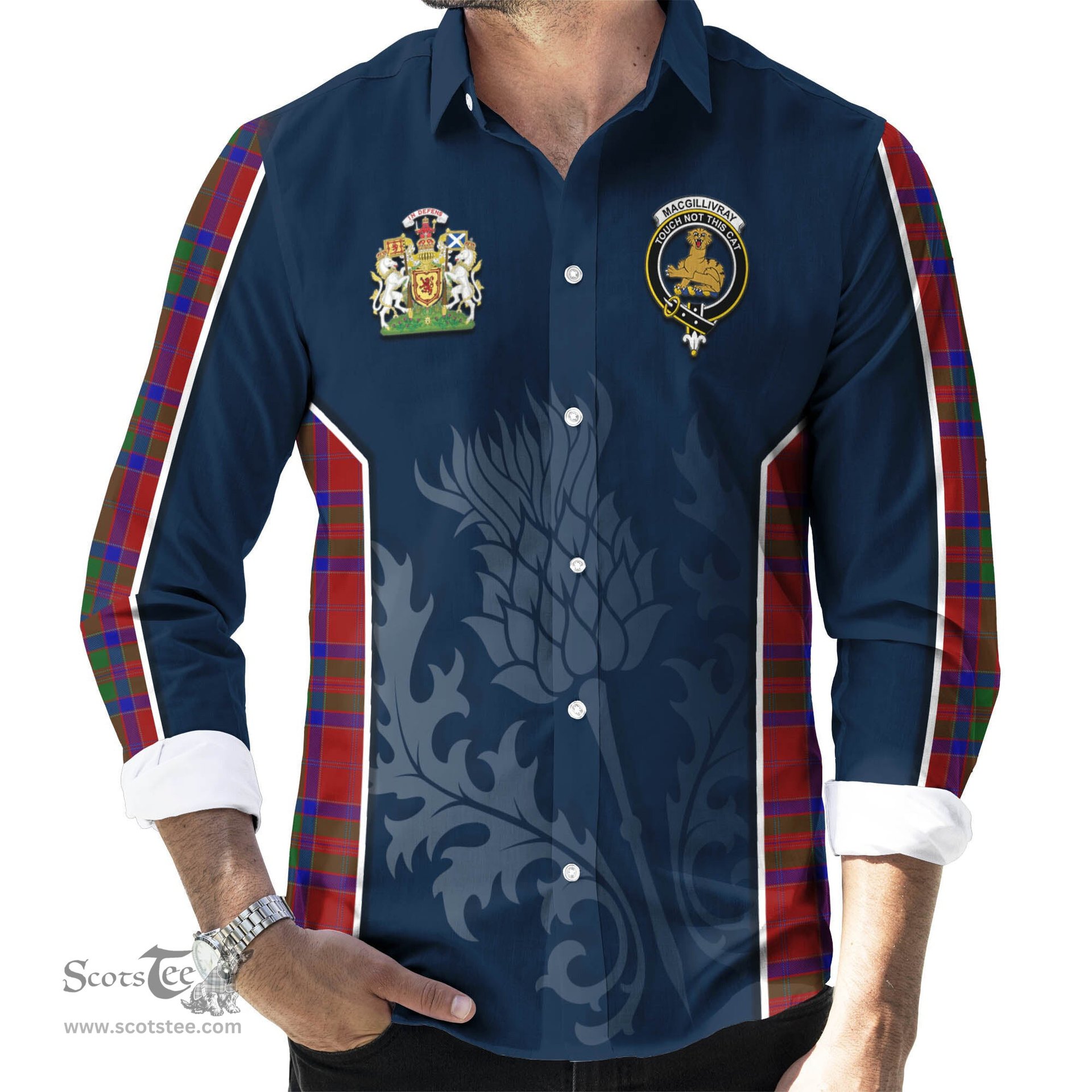 ScotsTee Shop Scottish MacGillivray Clan Scottish Crest and Scottish Thistle Sport Tartan Long Sleeve Shirt