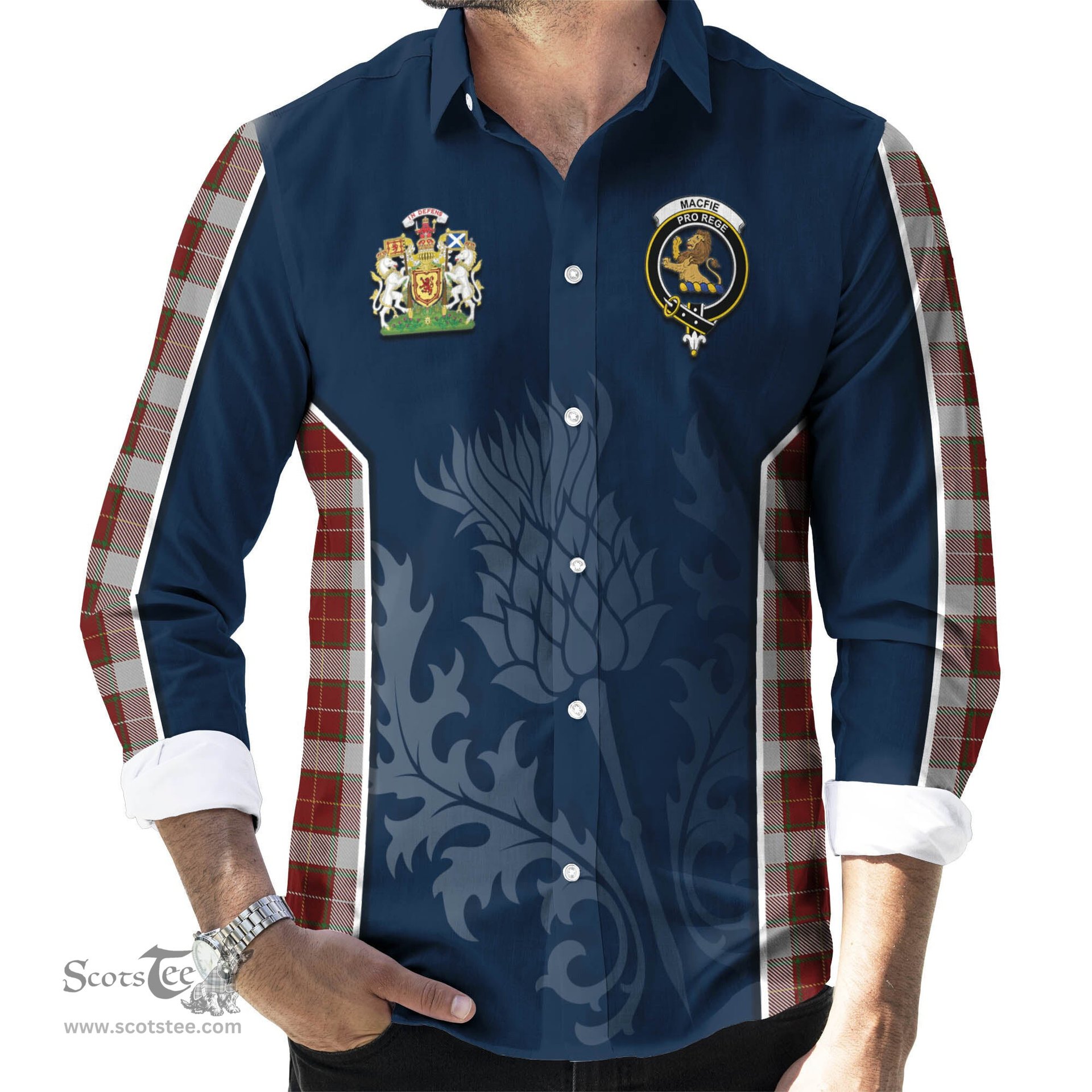 ScotsTee Shop Scottish MacFie Dress Clan Scottish Crest and Scottish Thistle Sport Tartan Long Sleeve Shirt