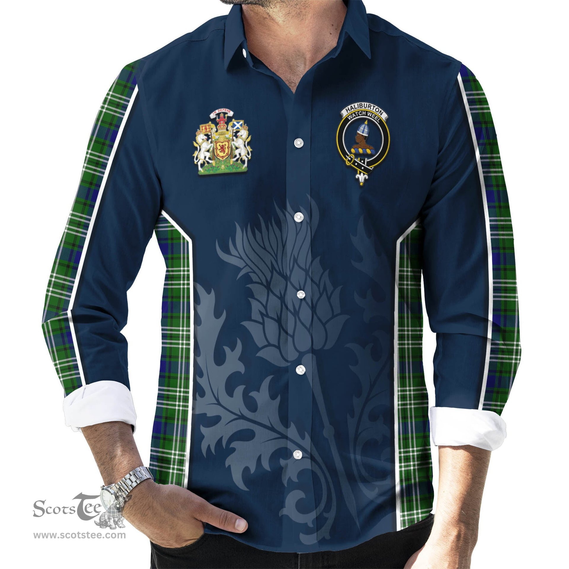 ScotsTee Shop Scottish Haliburton Clan Scottish Crest and Scottish Thistle Sport Tartan Long Sleeve Shirt