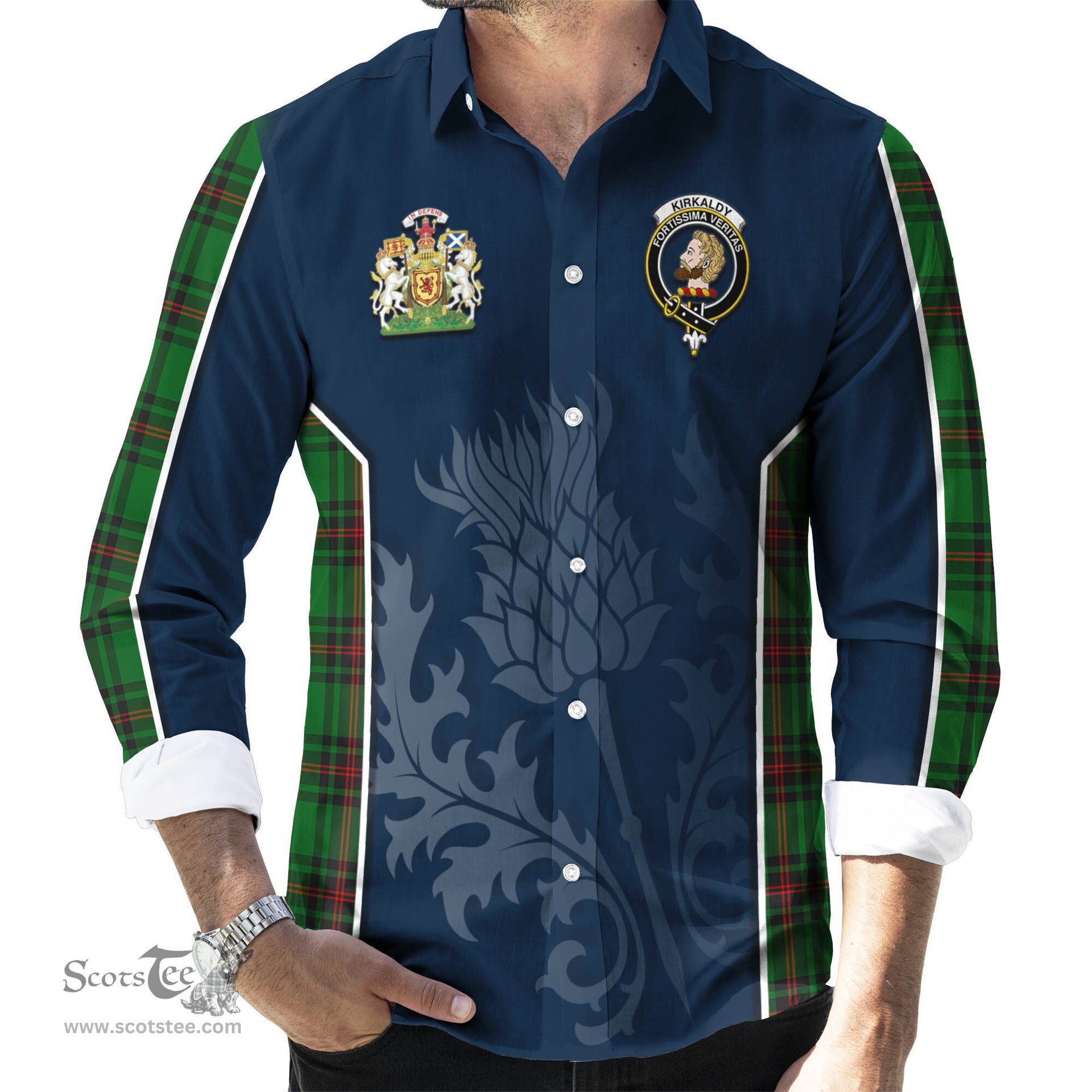ScotsTee Shop Scottish Kirkaldy Clan Scottish Crest and Scottish Thistle Sport Tartan Long Sleeve Shirt