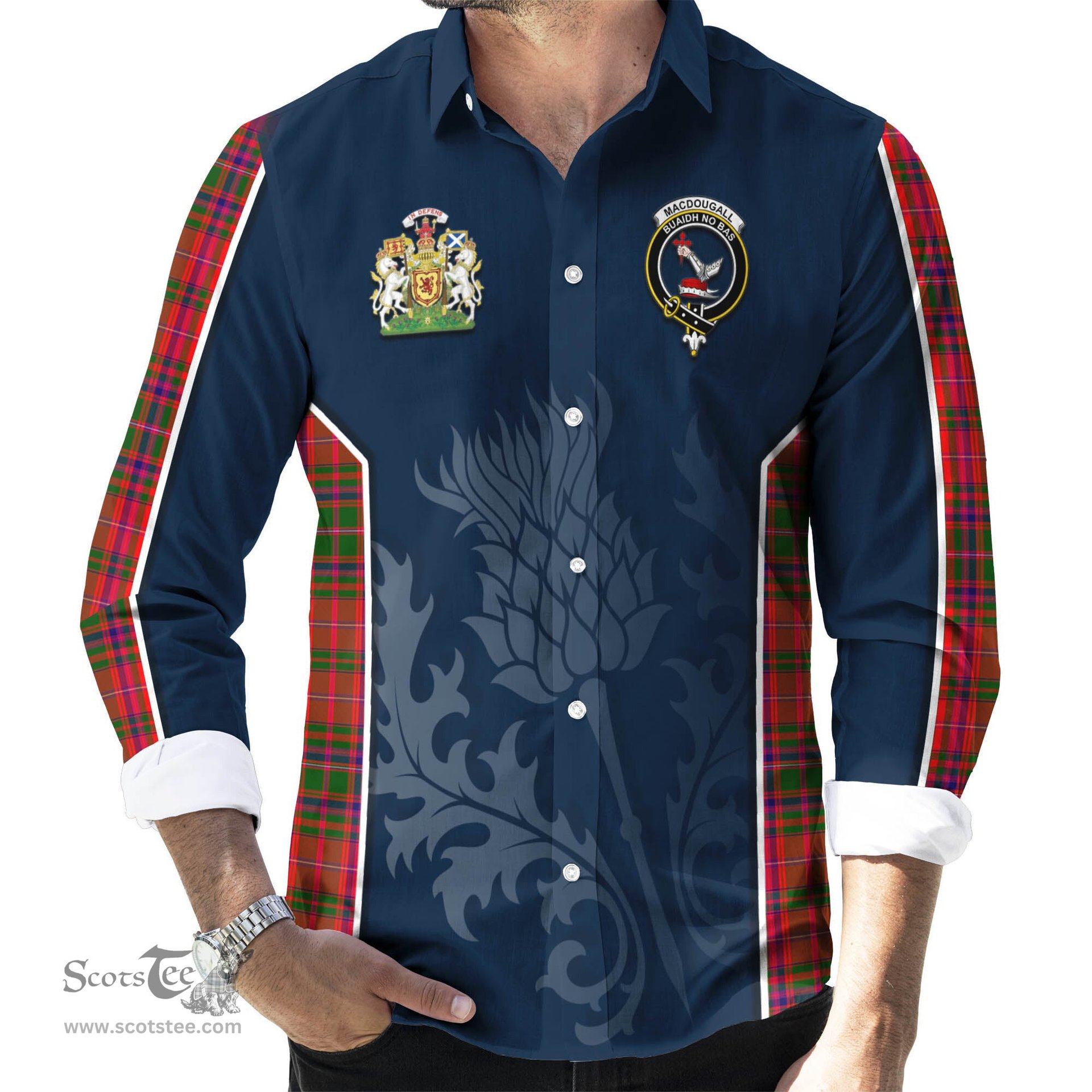 ScotsTee Shop Scottish MacDougall Modern Clan Scottish Crest and Scottish Thistle Sport Tartan Long Sleeve Shirt