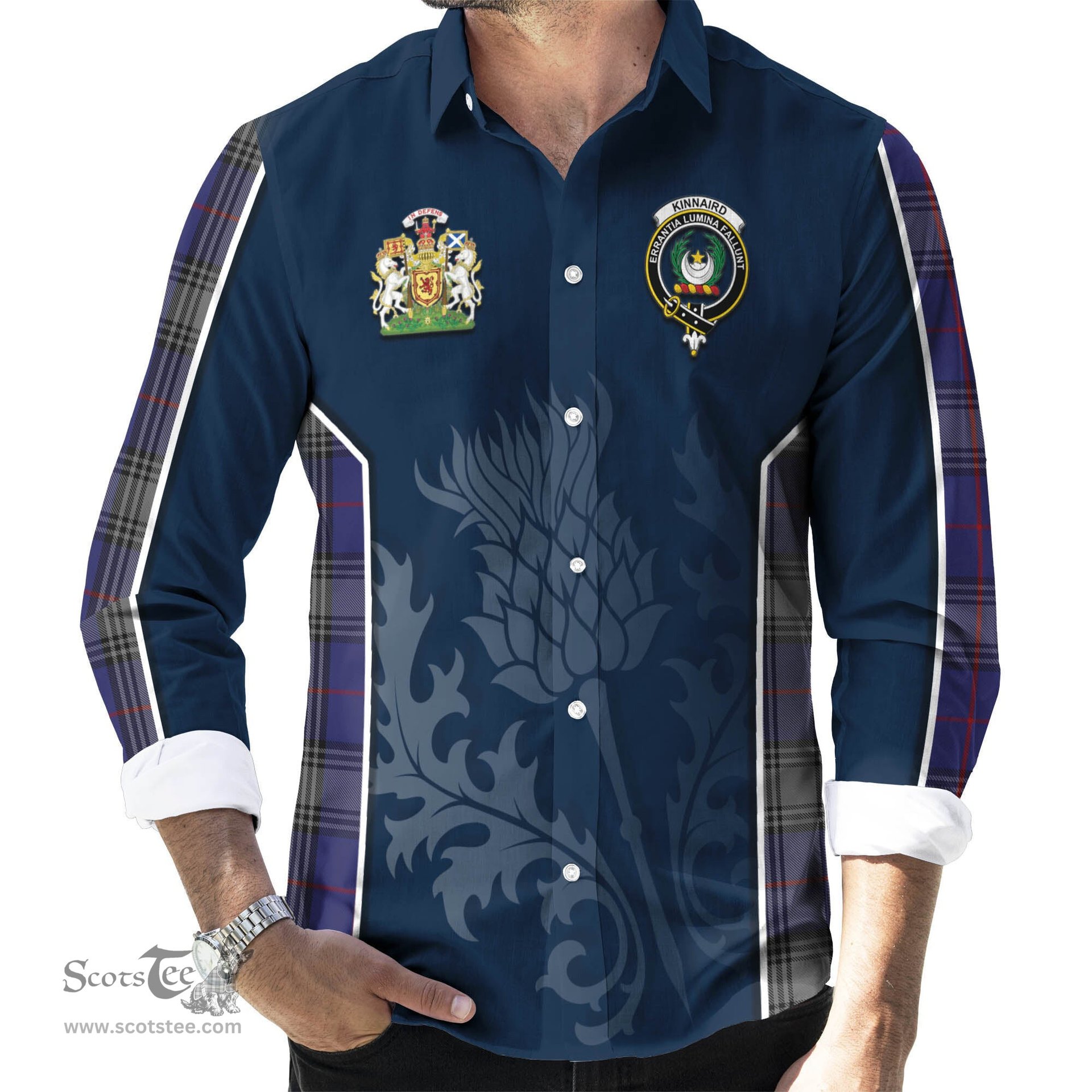 ScotsTee Shop Scottish Kinnaird Clan Scottish Crest and Scottish Thistle Sport Tartan Long Sleeve Shirt