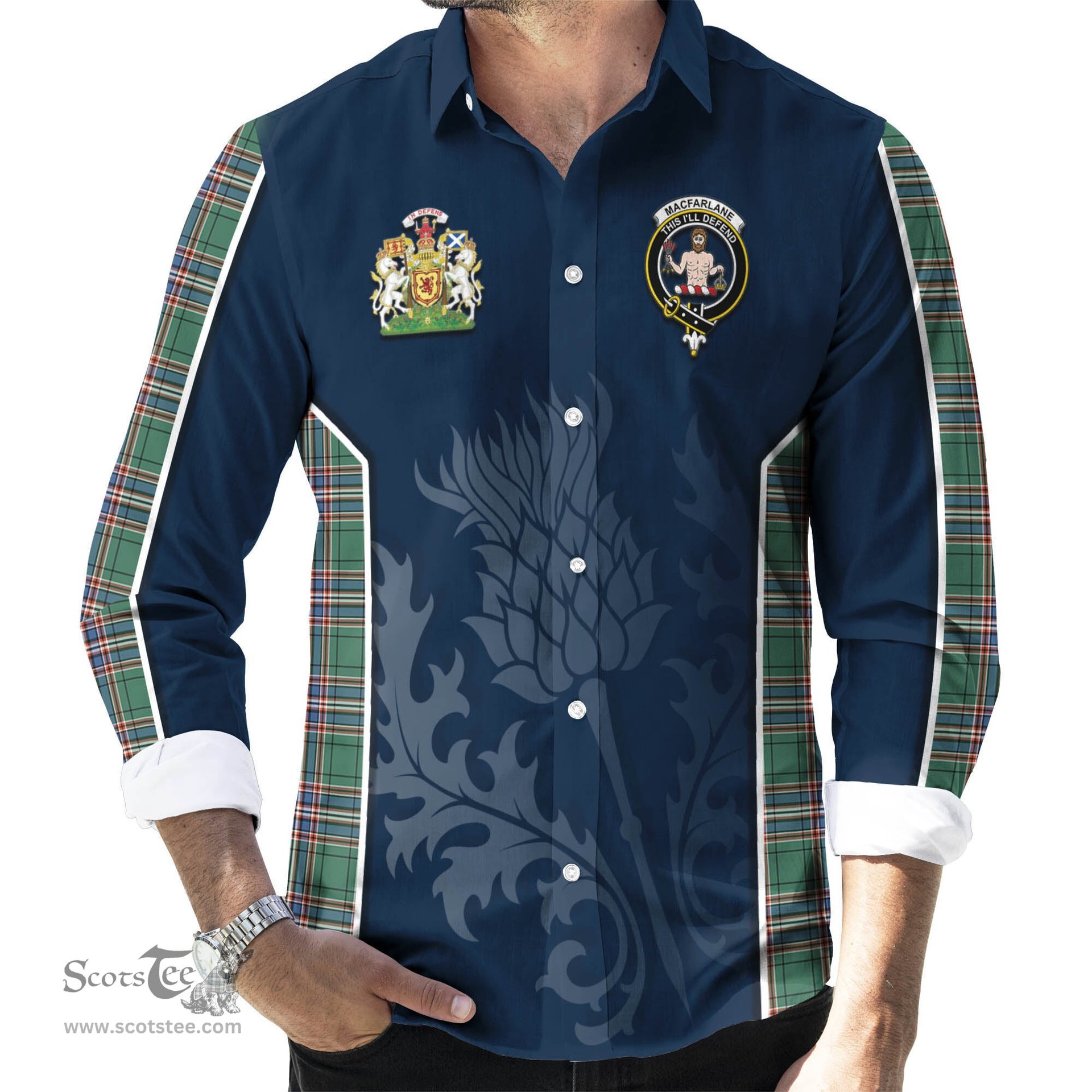 ScotsTee Shop Scottish MacFarlane Hunting Ancient Clan Scottish Crest and Scottish Thistle Sport Tartan Long Sleeve Shirt