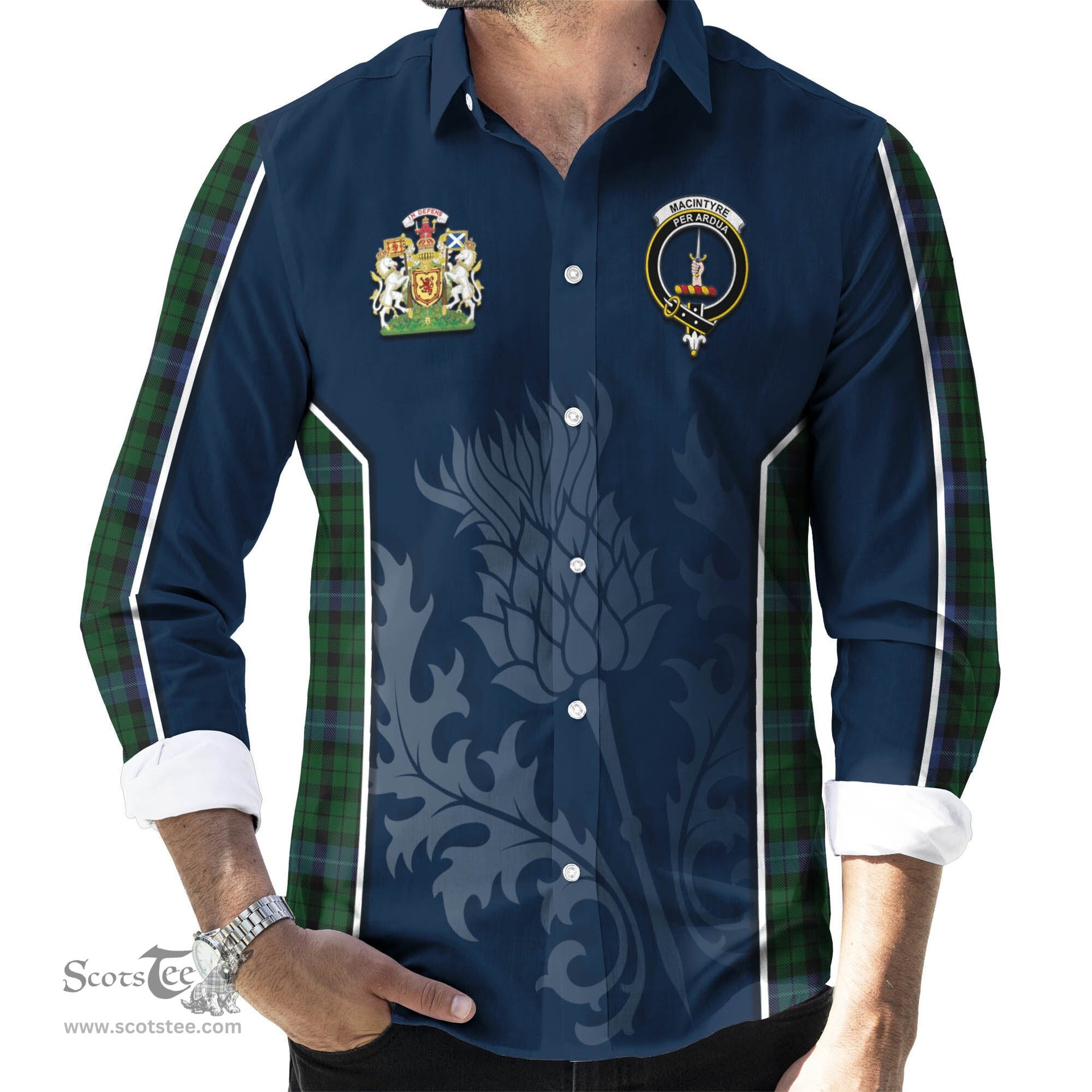 ScotsTee Shop Scottish MacIntyre Clan Scottish Crest and Scottish Thistle Sport Tartan Long Sleeve Shirt