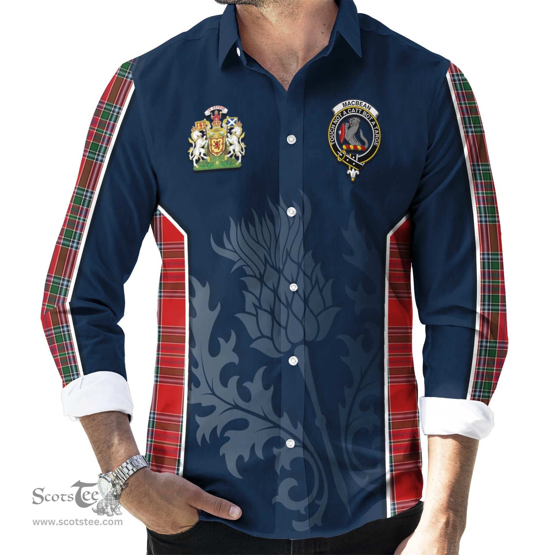 ScotsTee Shop Scottish MacBean Clan Scottish Crest and Scottish Thistle Sport Tartan Long Sleeve Shirt