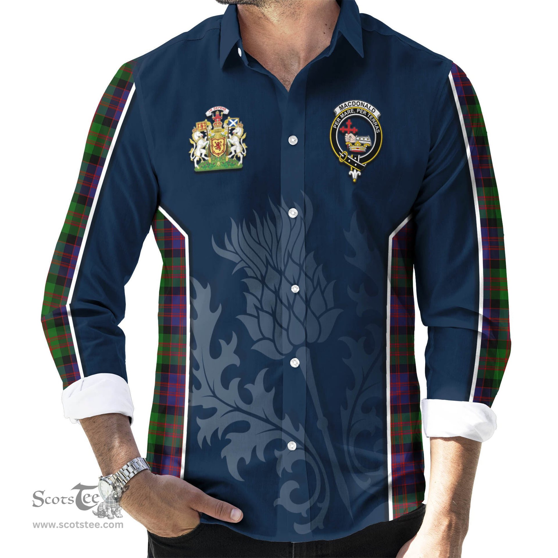 ScotsTee Shop Scottish MacDonald Clan Scottish Crest and Scottish Thistle Sport Tartan Long Sleeve Shirt
