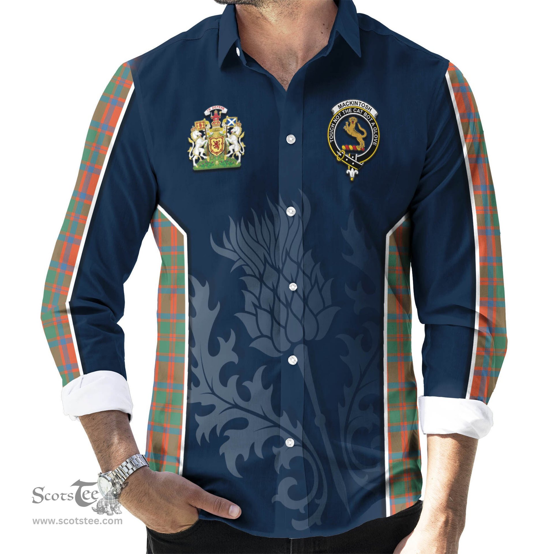 ScotsTee Shop Scottish MacKintosh Ancient Clan Scottish Crest and Scottish Thistle Sport Tartan Long Sleeve Shirt