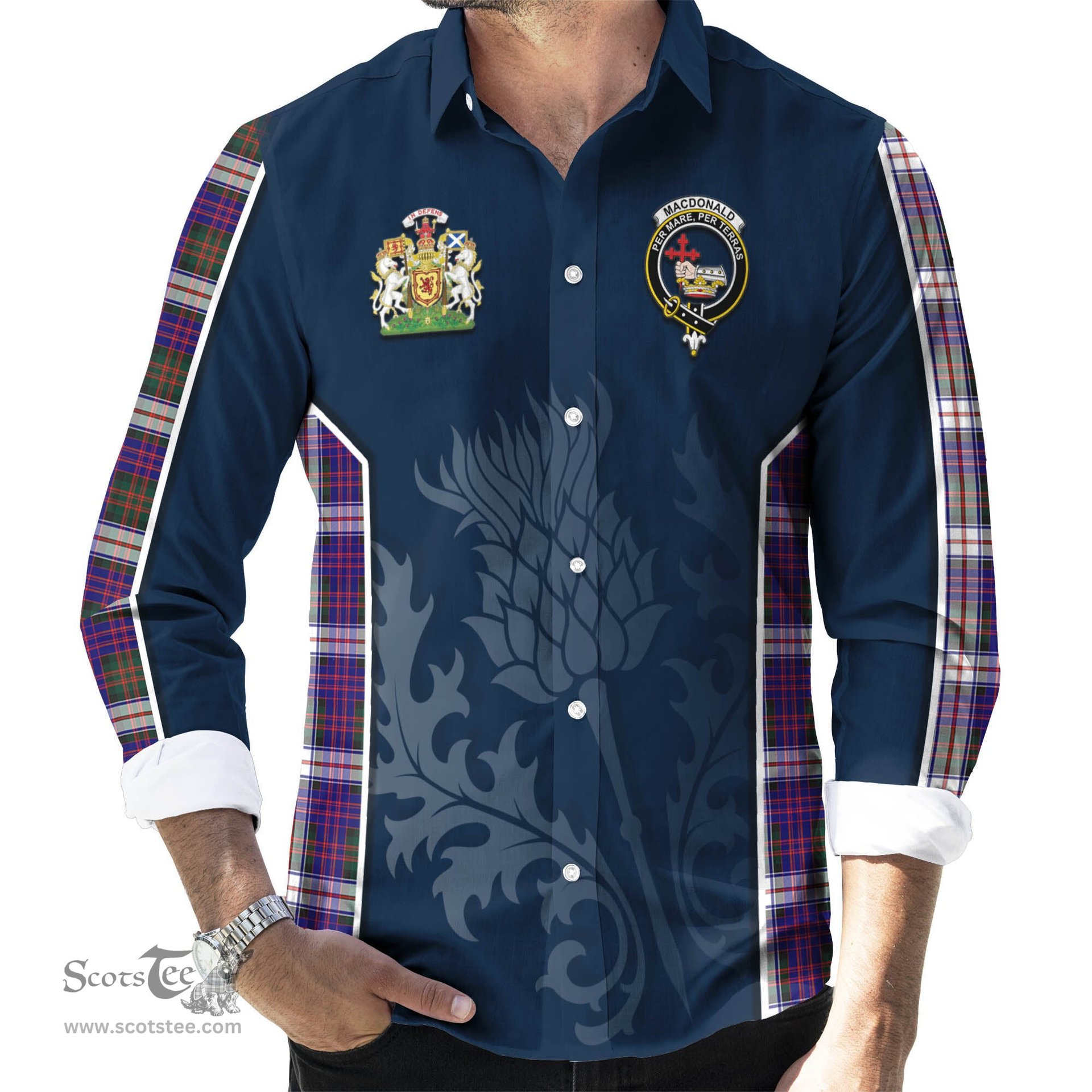ScotsTee Shop Scottish MacDonald Dress Modern Clan Scottish Crest and Scottish Thistle Sport Tartan Long Sleeve Shirt