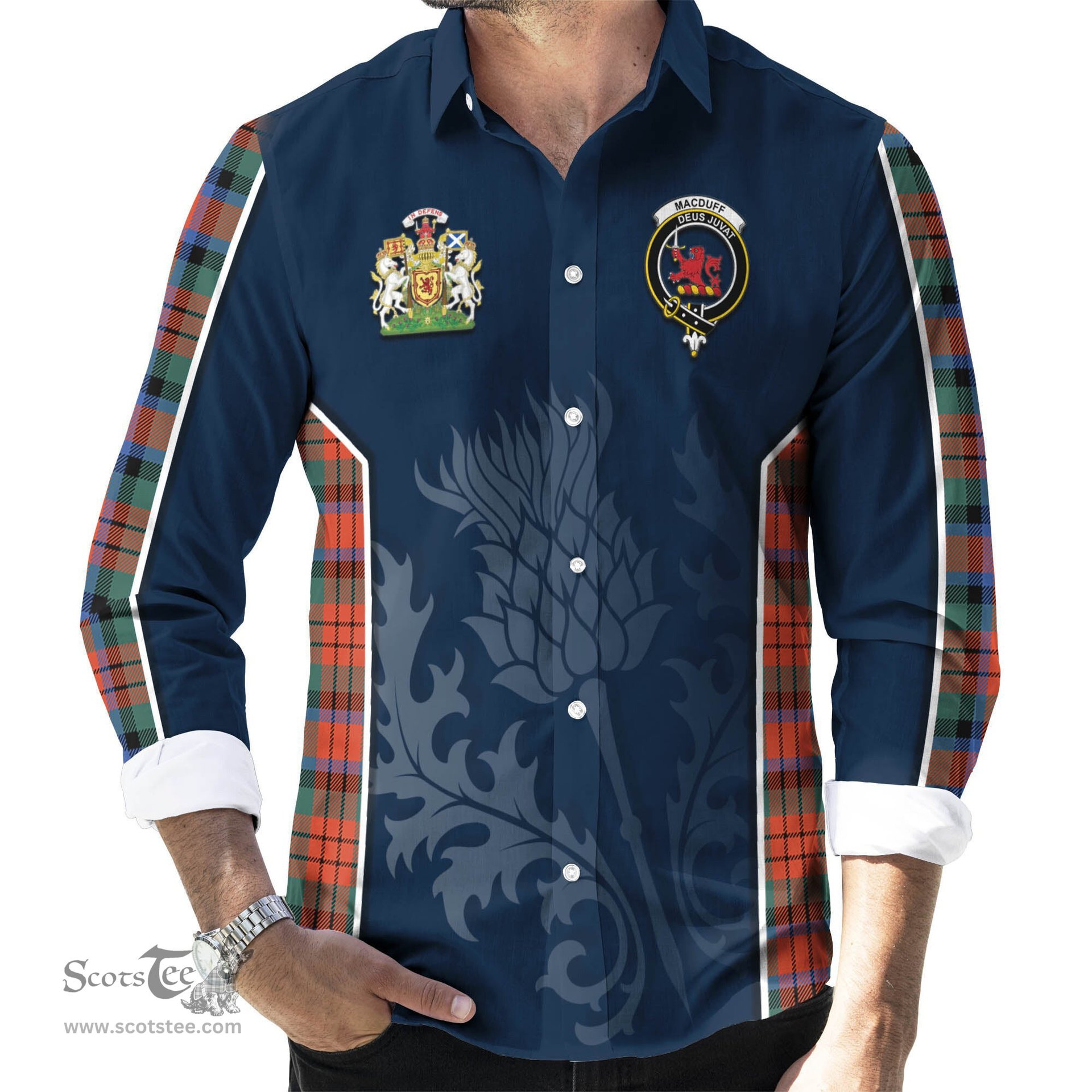 ScotsTee Shop Scottish MacDuff Ancient Clan Scottish Crest and Scottish Thistle Sport Tartan Long Sleeve Shirt