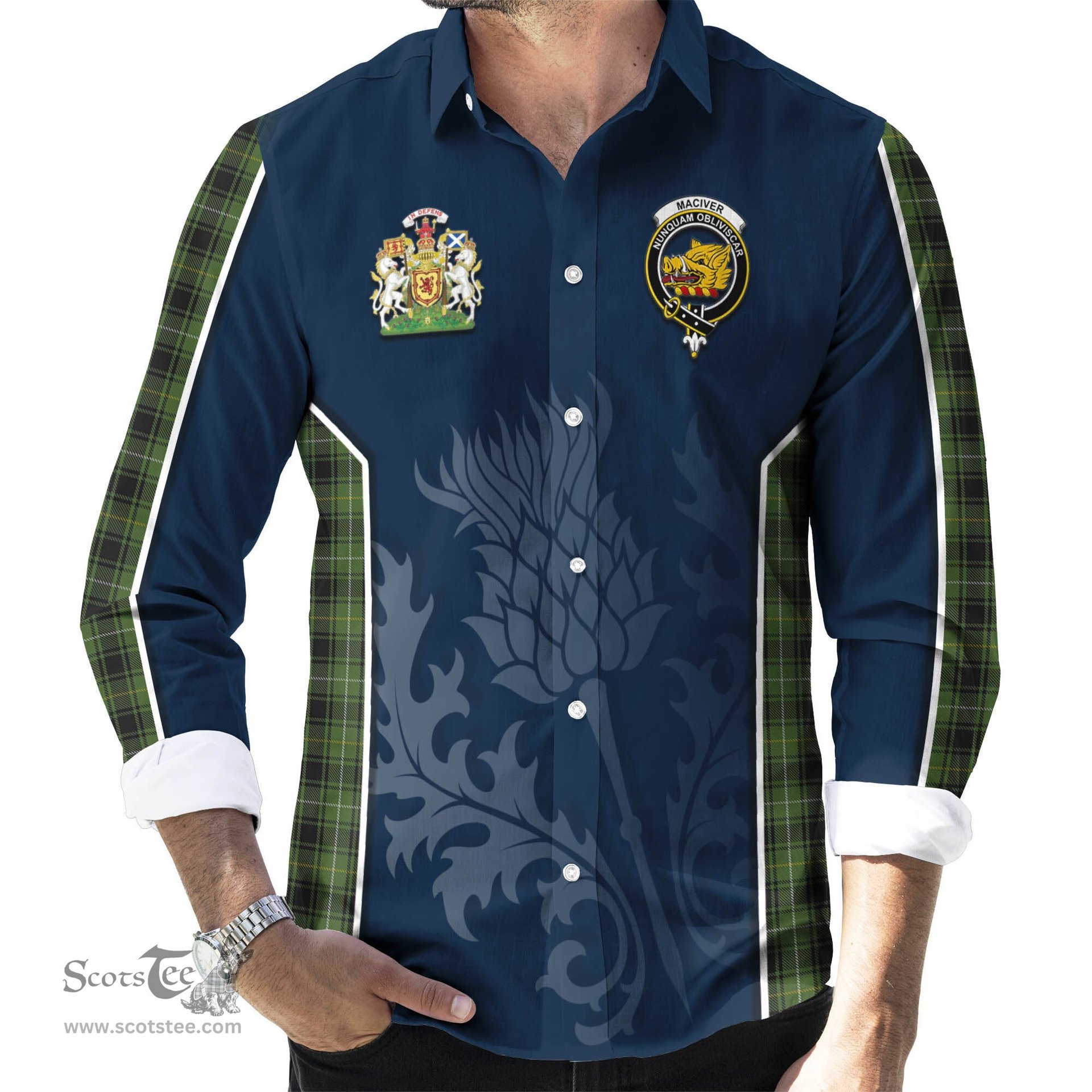ScotsTee Shop Scottish MacIver Hunting Clan Scottish Crest and Scottish Thistle Sport Tartan Long Sleeve Shirt