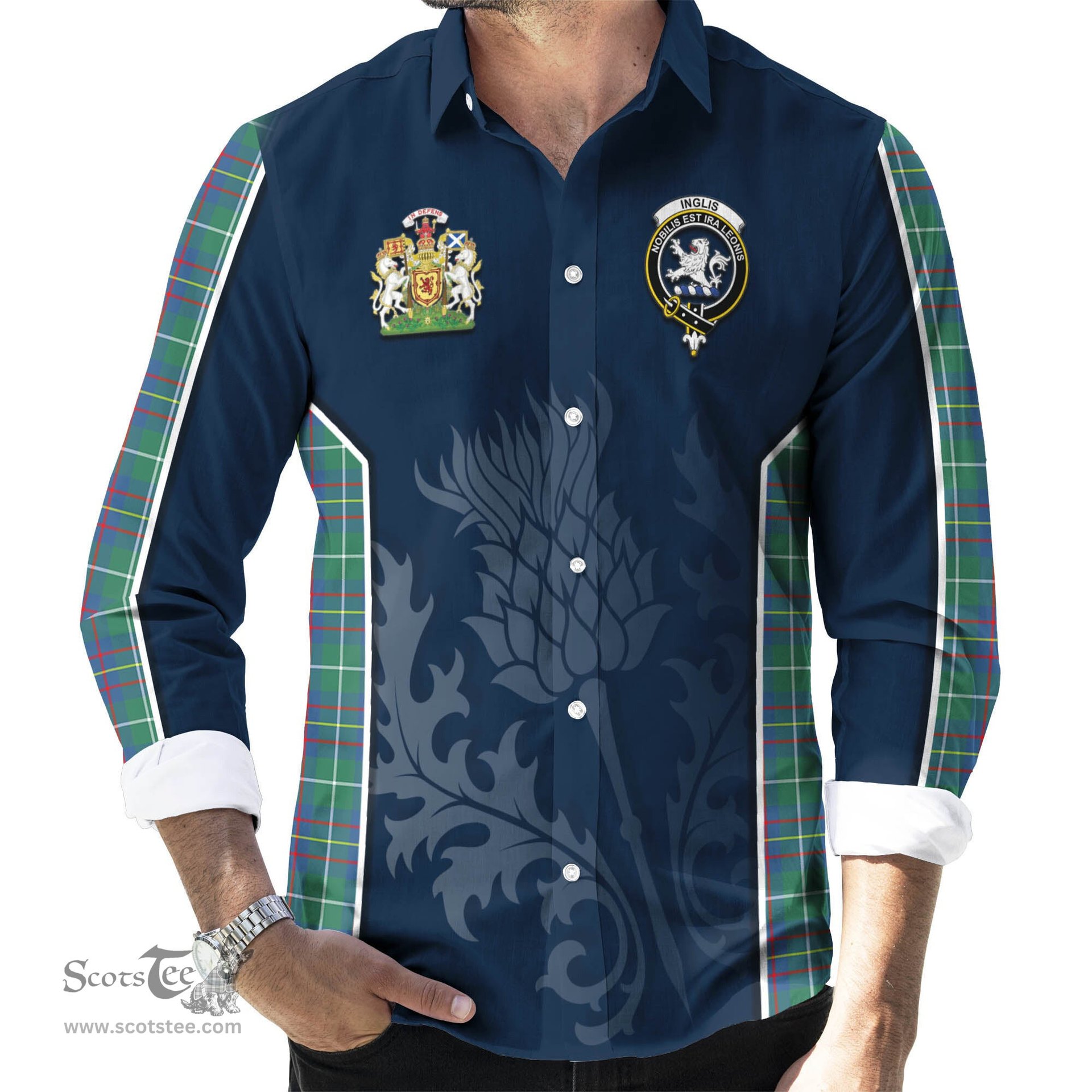 ScotsTee Shop Scottish Inglis Ancient Clan Scottish Crest and Scottish Thistle Sport Tartan Long Sleeve Shirt