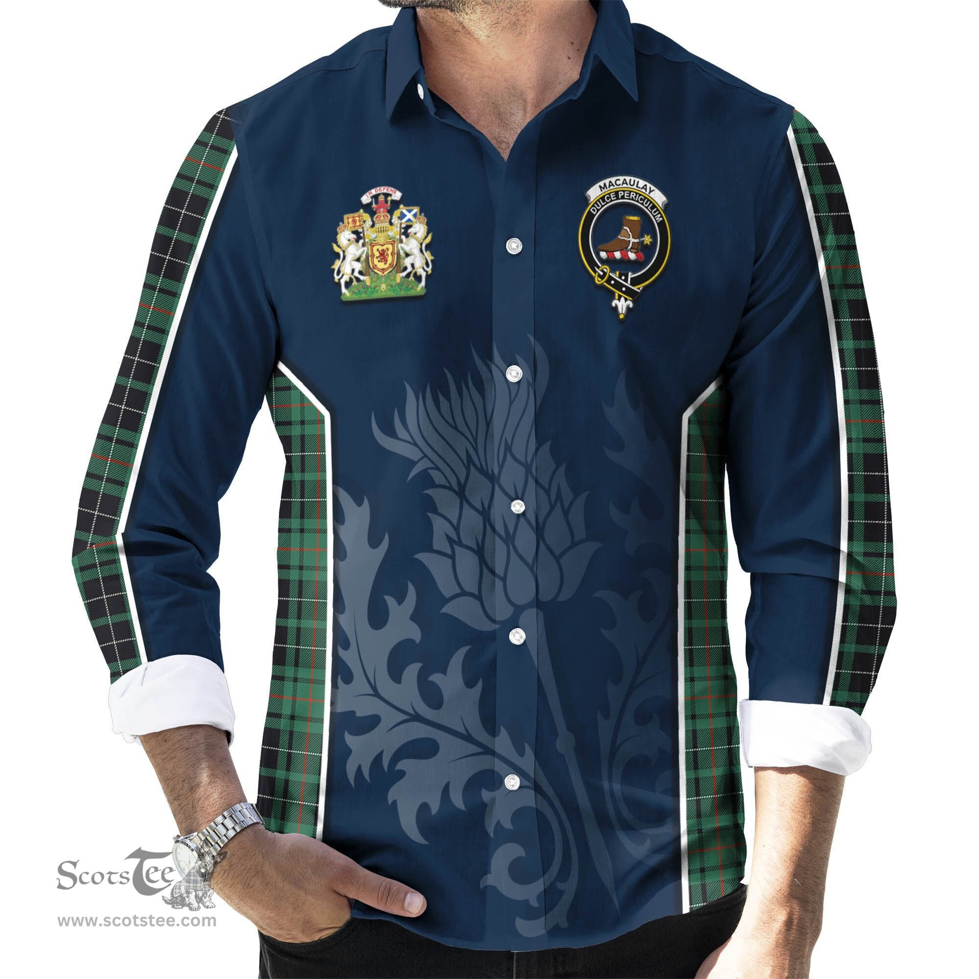 ScotsTee Shop Scottish MacAulay Hunting Ancient Clan Scottish Crest and Scottish Thistle Sport Tartan Long Sleeve Shirt