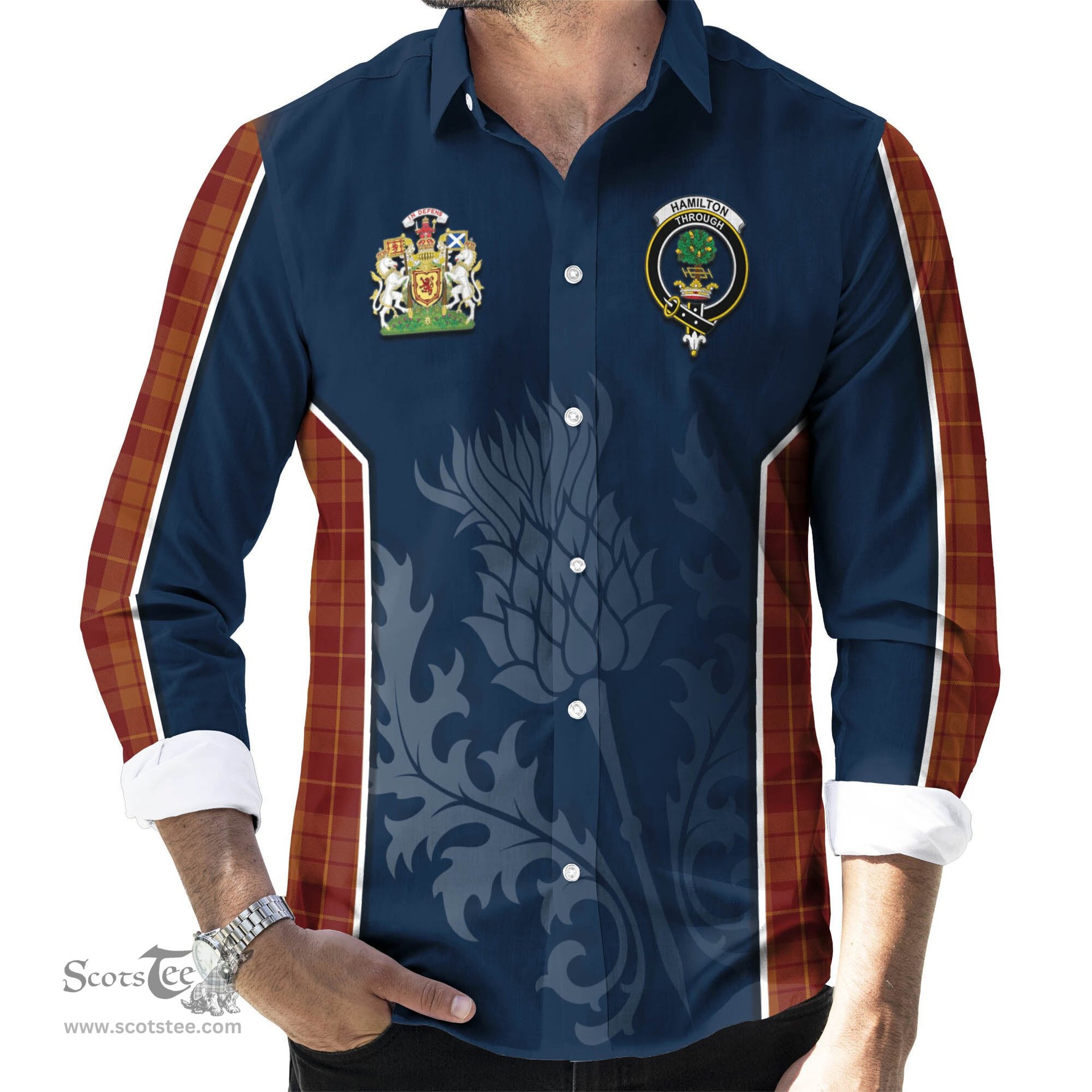ScotsTee Shop Scottish Hamilton Red Clan Scottish Crest and Scottish Thistle Sport Tartan Long Sleeve Shirt