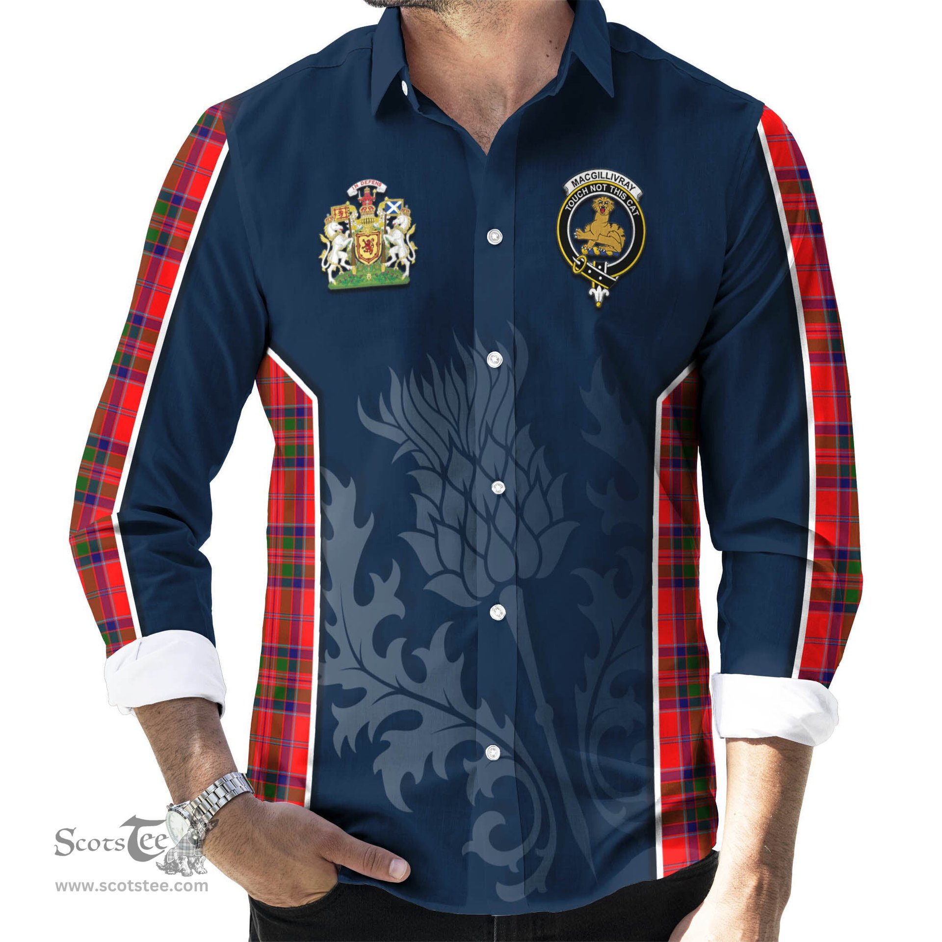 ScotsTee Shop Scottish MacGillivray Modern Clan Scottish Crest and Scottish Thistle Sport Tartan Long Sleeve Shirt