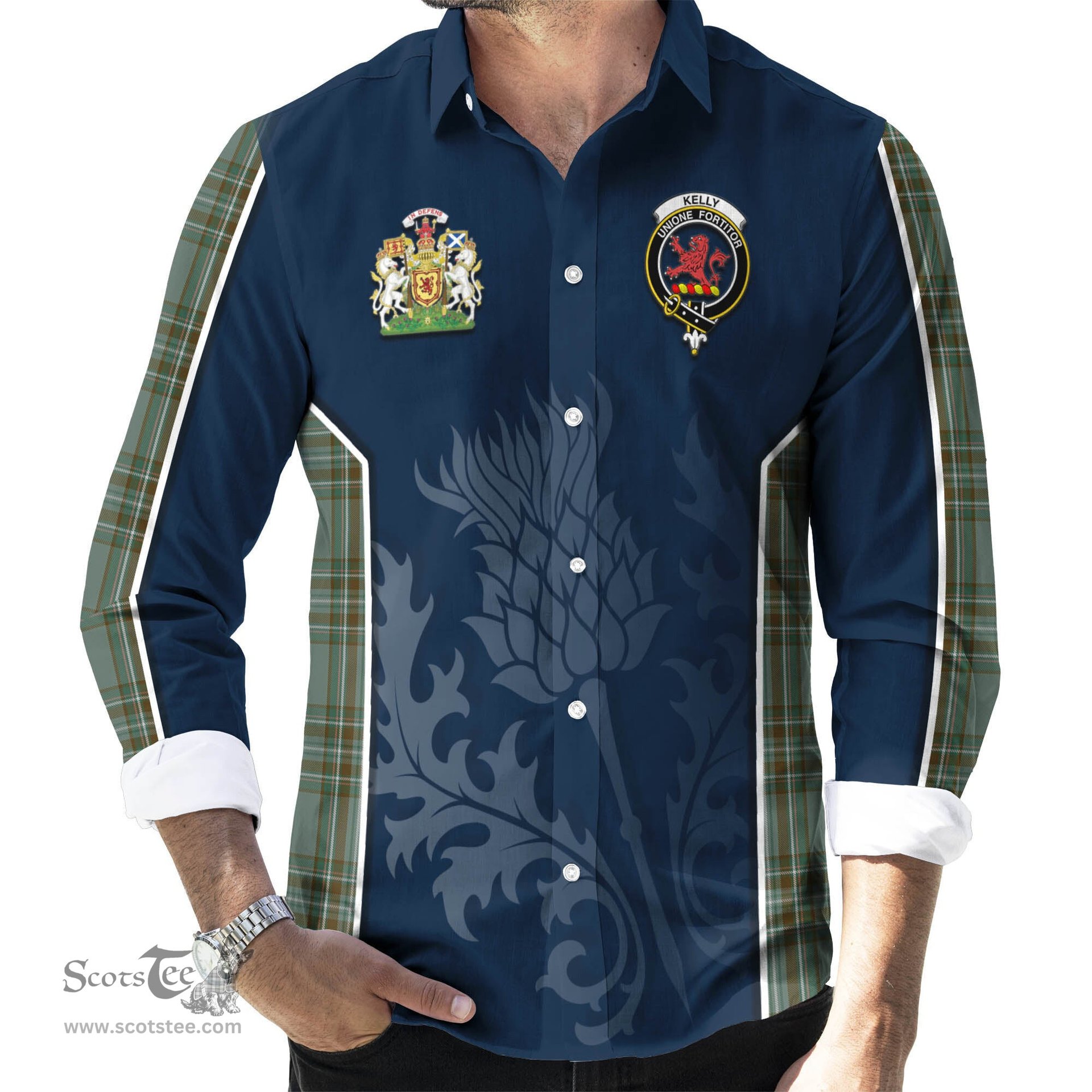 ScotsTee Shop Scottish Kelly Dress Clan Scottish Crest and Scottish Thistle Sport Tartan Long Sleeve Shirt